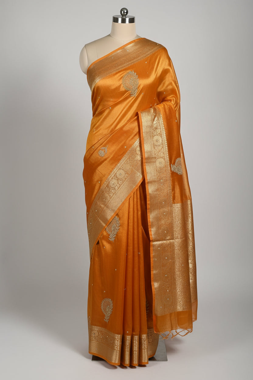 Metallic Orange Tissue Silk Premium Handwork Banarasi Saree
