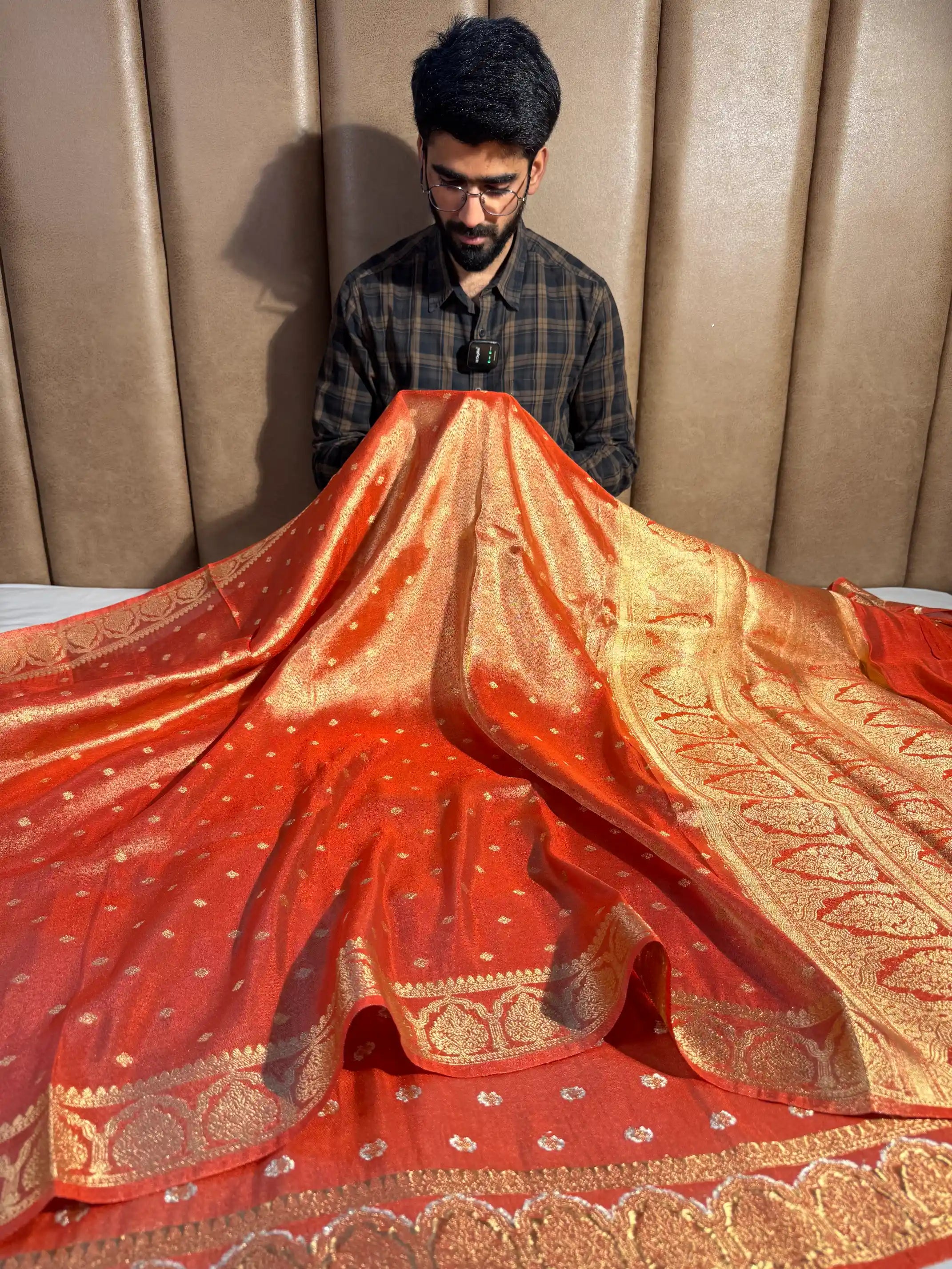 Metallic Orange Tissue Silk Traditional Buta Banarasi Saree