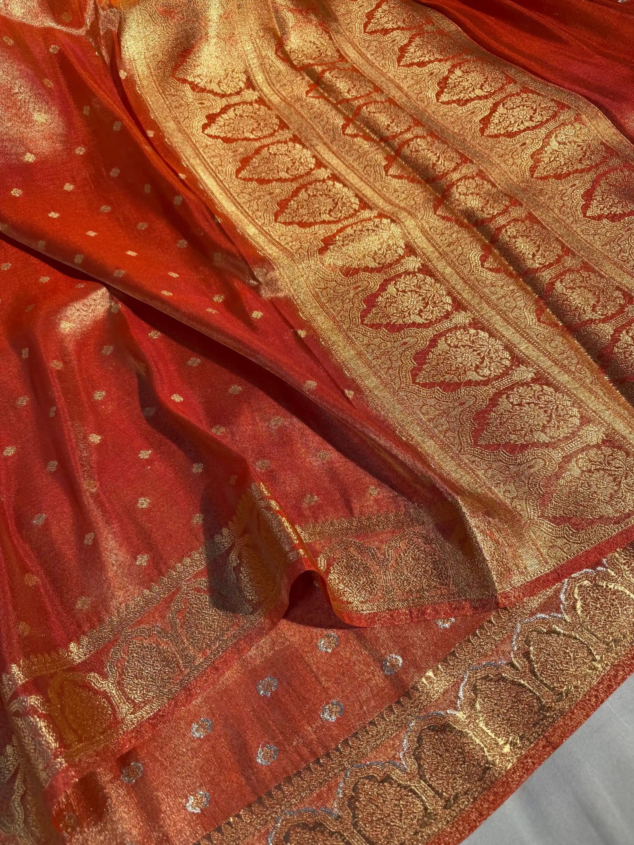 Metallic Orange Tissue Silk Traditional Buta Banarasi Saree