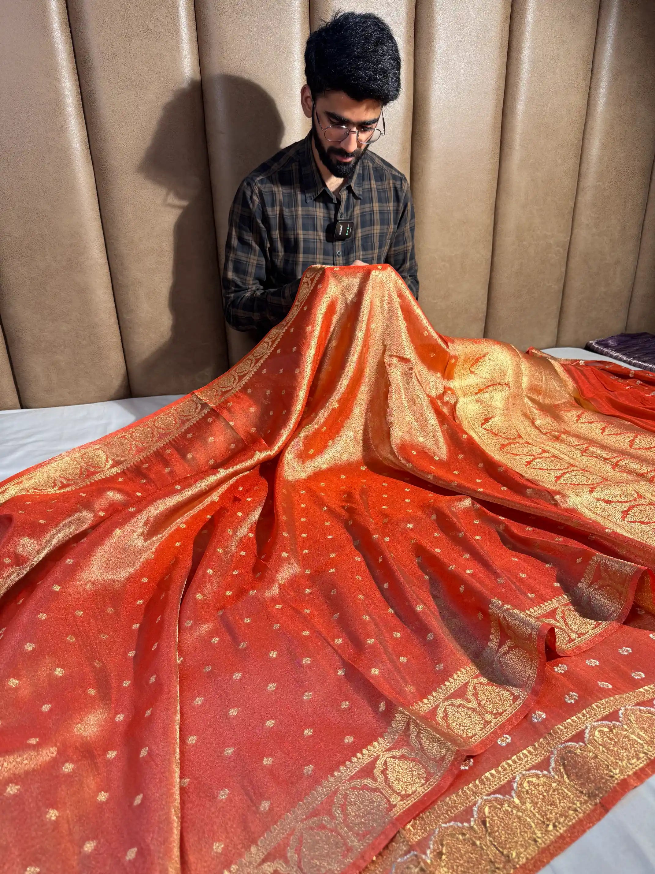 Metallic Orange Tissue Silk Traditional Buta Banarasi Saree