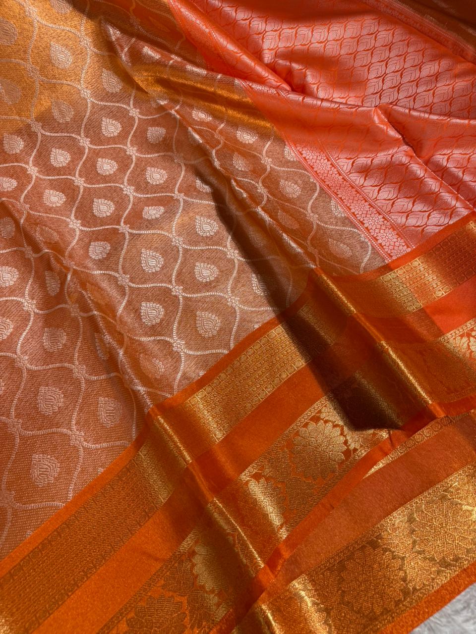 Metallic Orange Traditional Softsilk Banarasi Saree