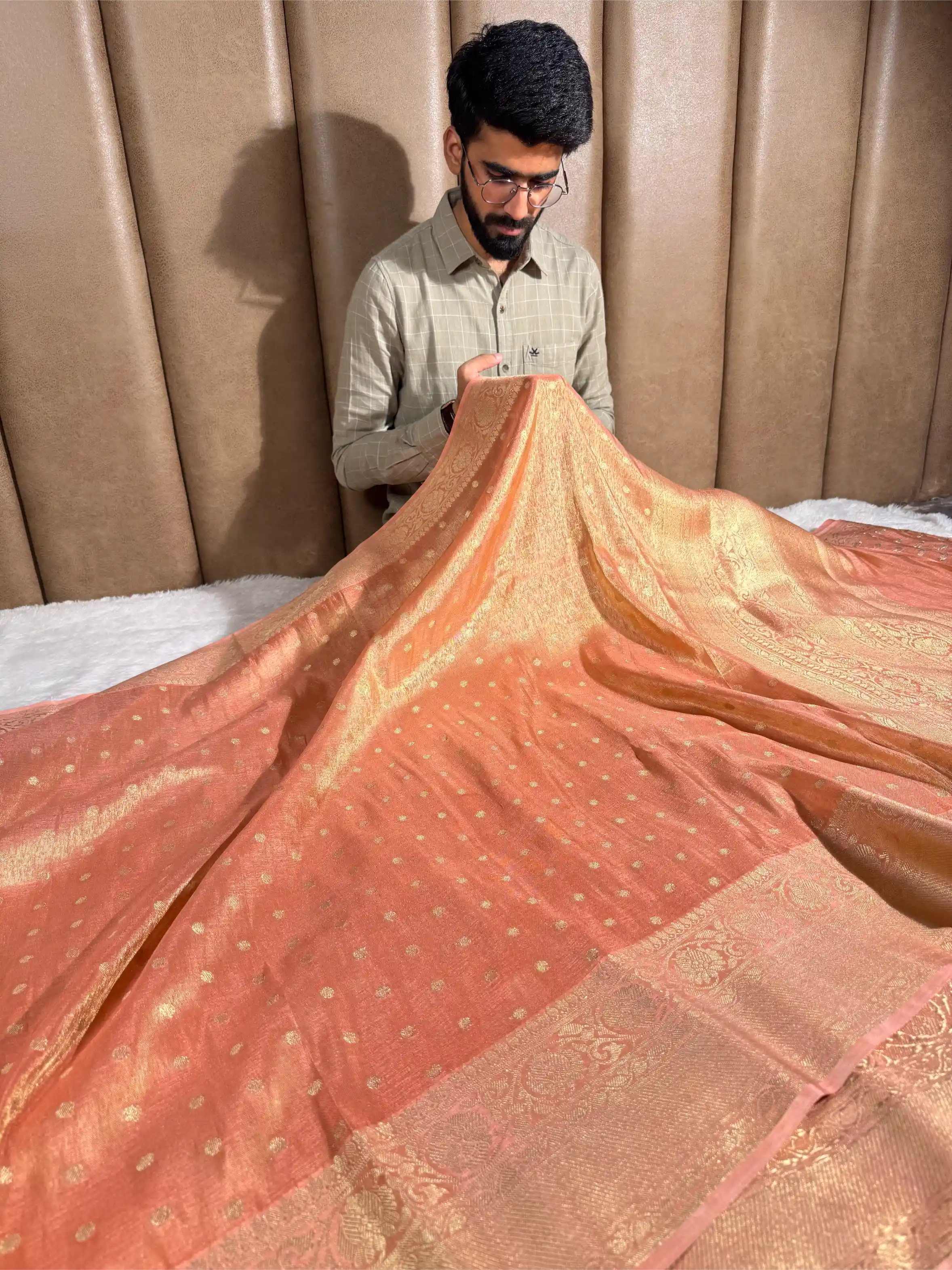 Metallic Peach Breathable Soft Tissue Silk Banarasi Saree