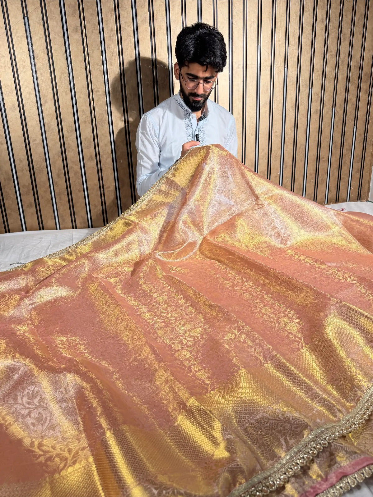 Metallic Peach Glass Tissue Silk Designer Banarasi Saree