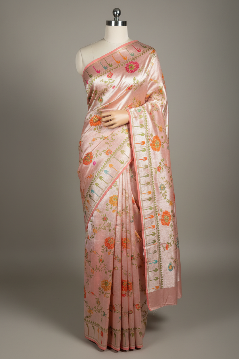 Metallic Peach Pure Tussar Georgette Handwoven Masterpiece Banarasi Saree