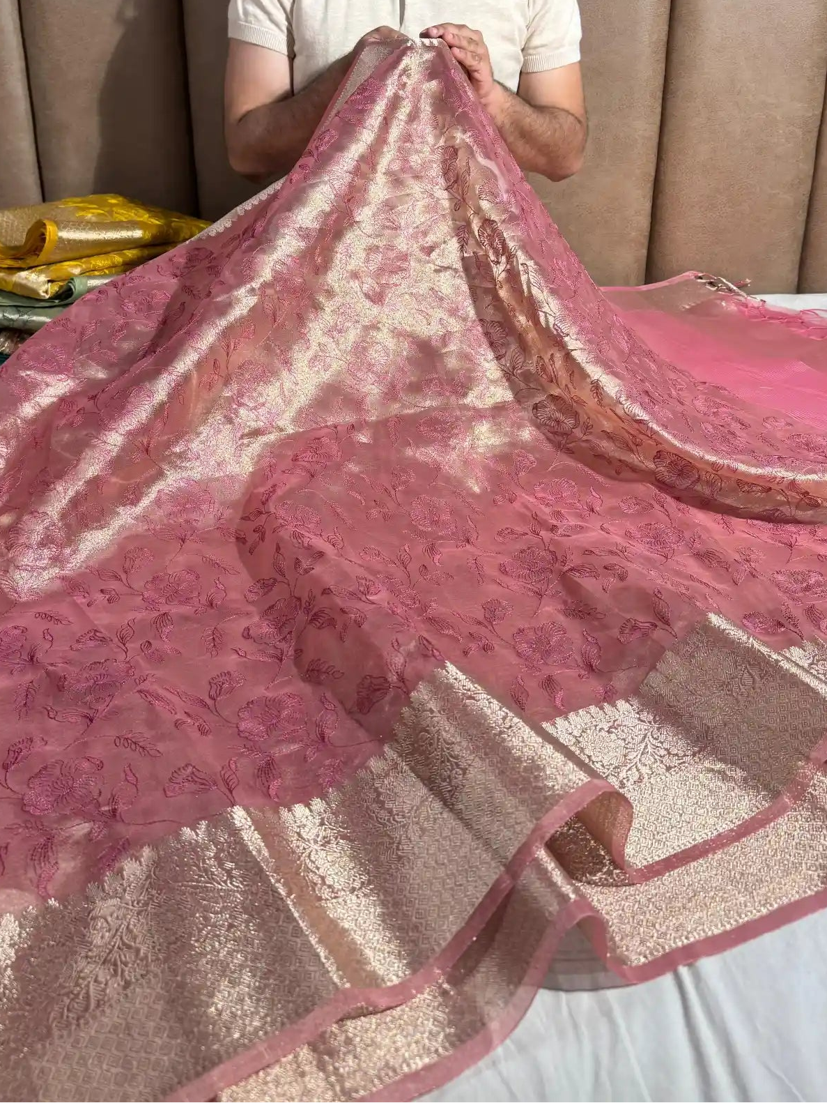Metallic Pink Banarasi Tissue Chikankari Saree with Rich Pallu & Blouse