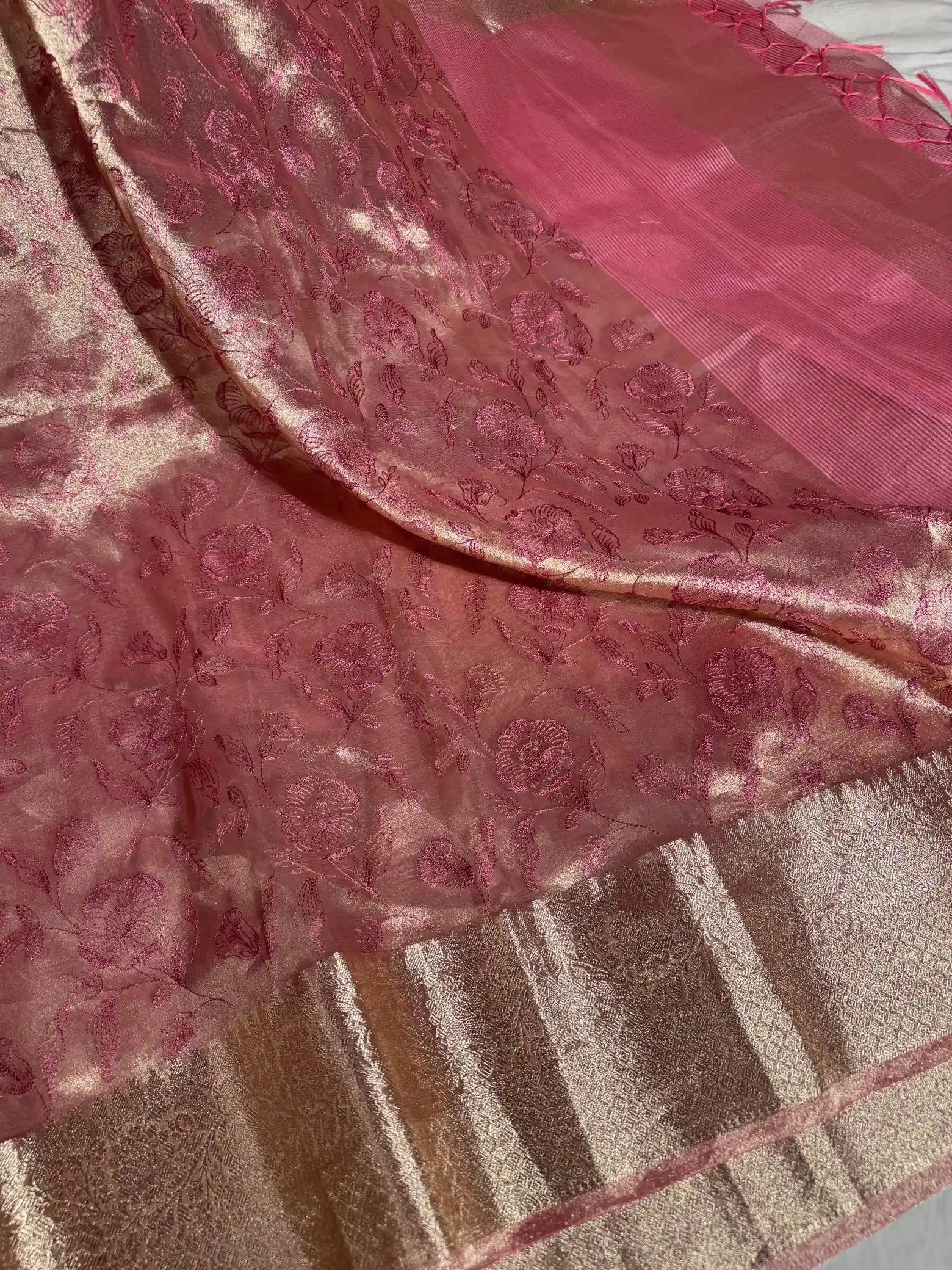 Metallic Pink Banarasi Tissue Chikankari Saree with Rich Pallu & Blouse