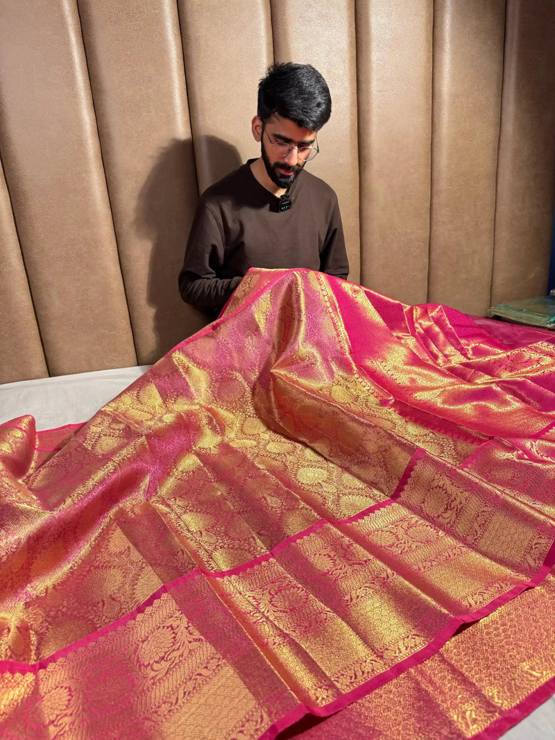 Metallic Pink Tissue Silk Embossed Banarasi Saree