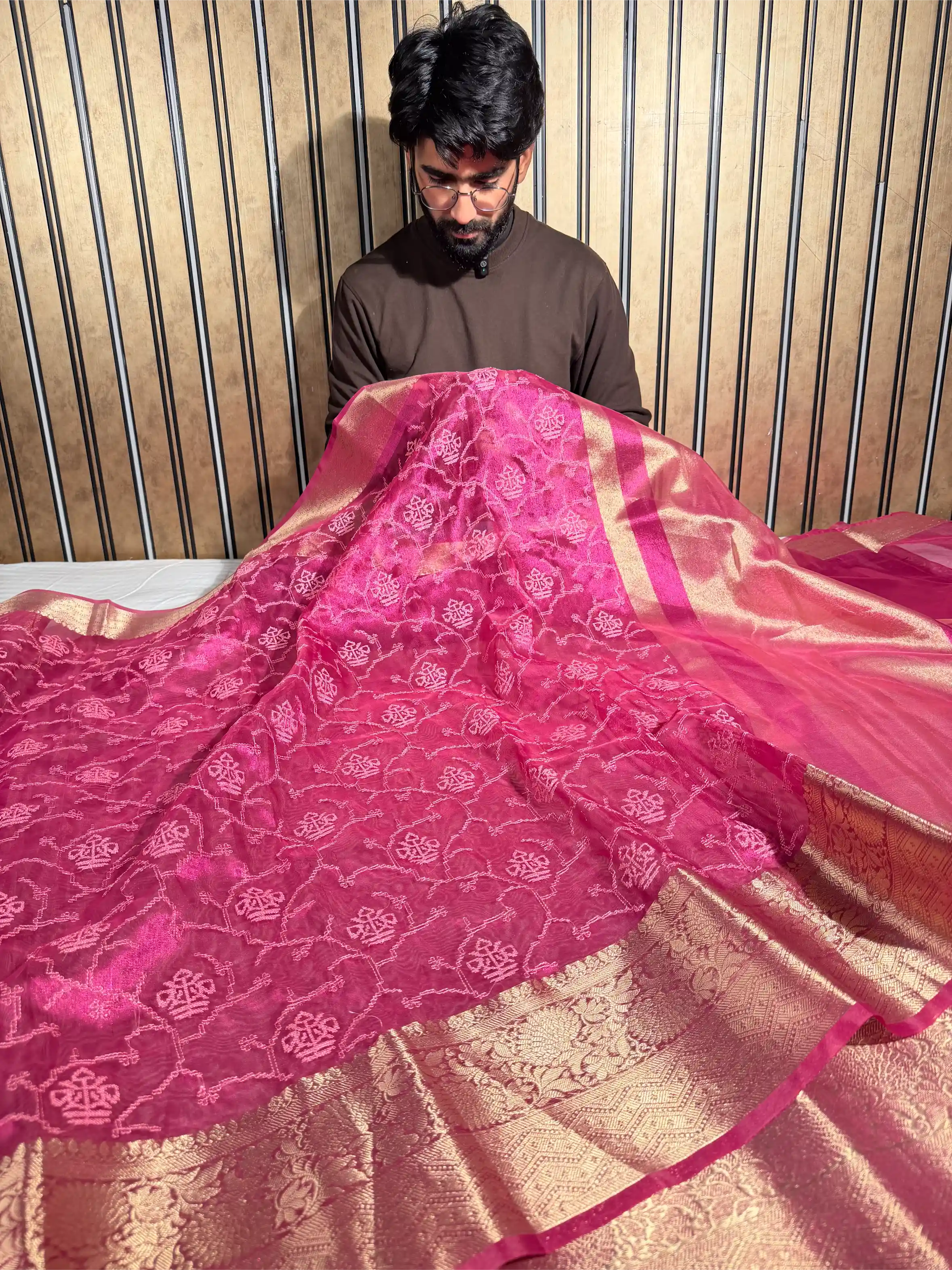 Metallic Rani Kora Tissue Chikankari Embroidered Banarasi Saree