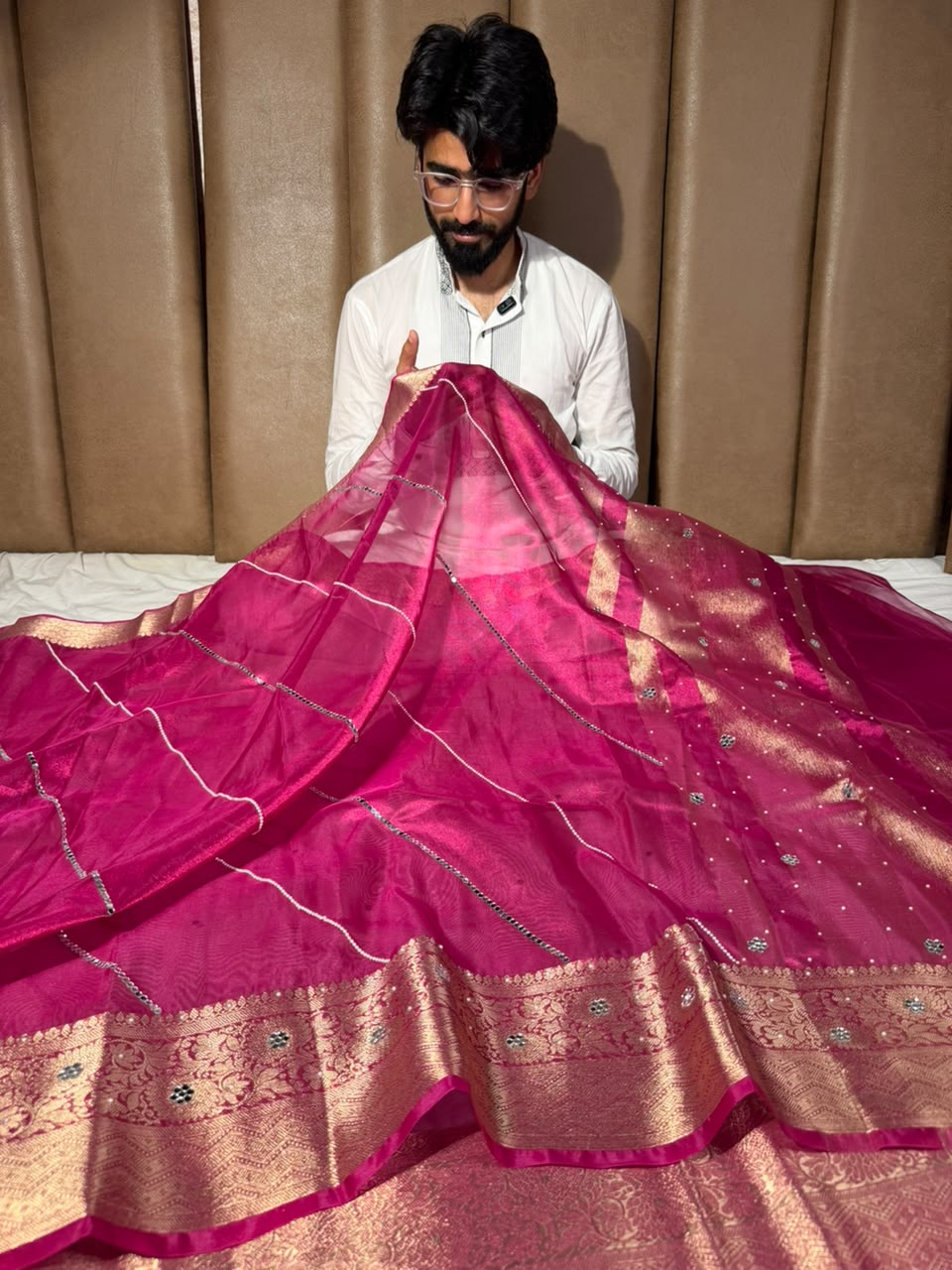 Metallic Rani Kora Tissue Leheriya Work Saree