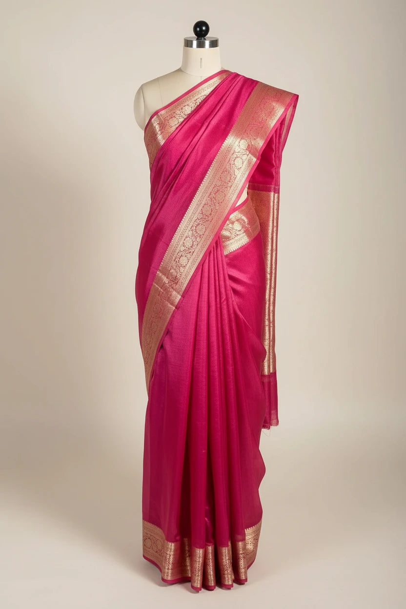 Metallic Rani Pink 100% Pure Tissue Silk Traditional Jacquard Weave Banarasi Saree