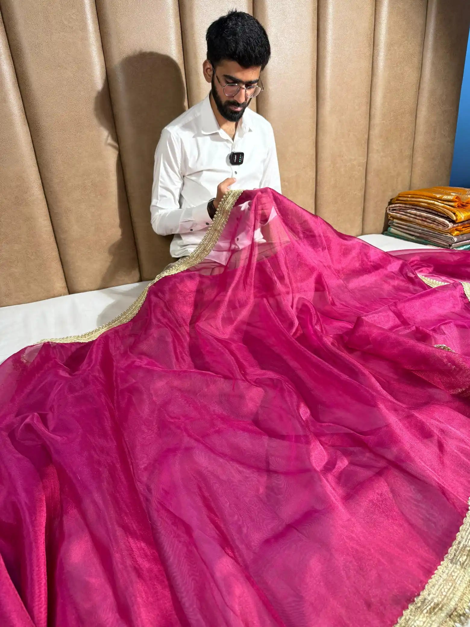 Metallic Rani Pink Tissue Silk Designer Lace Work Banarasi Saree
