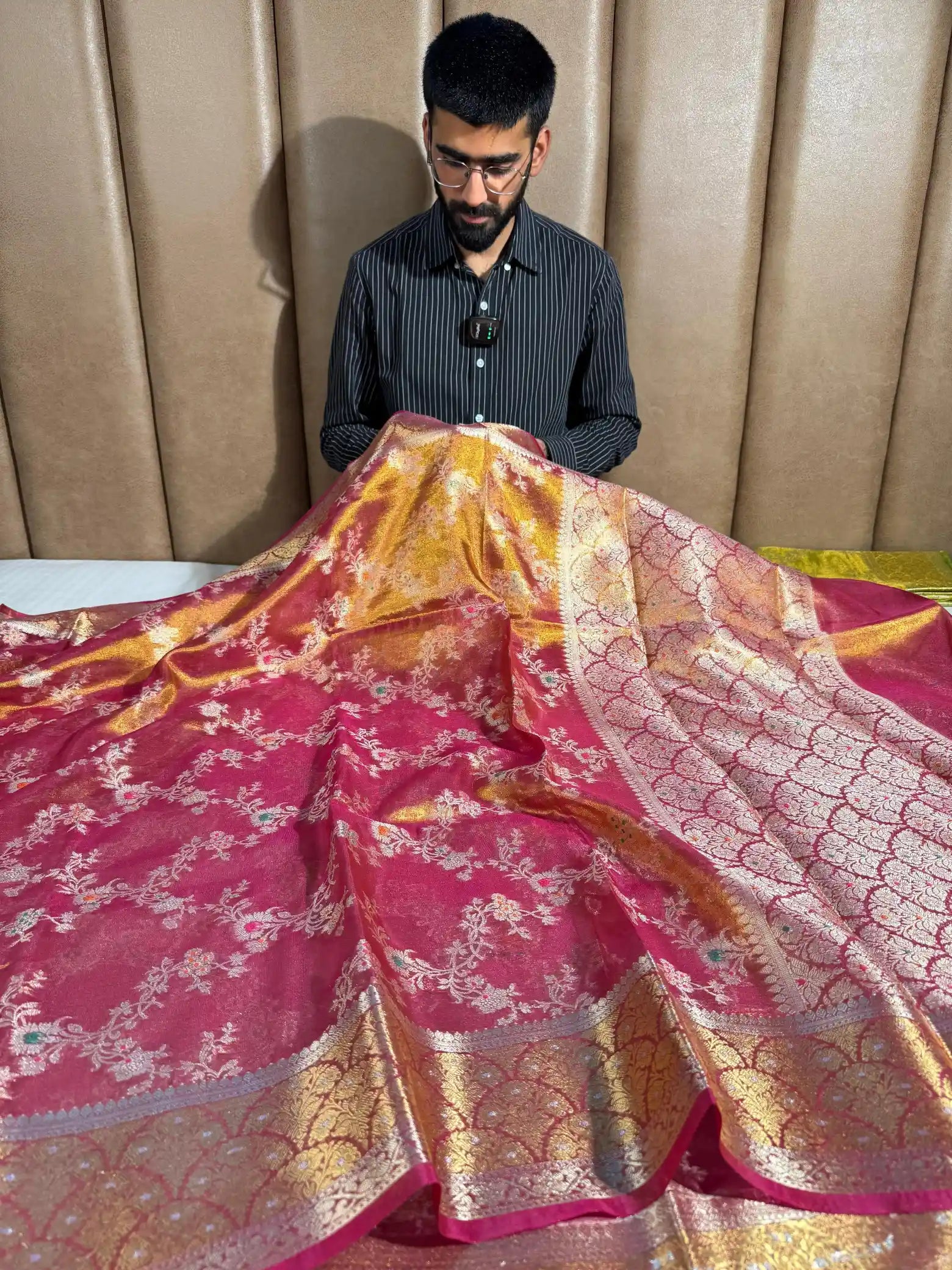 Metallic Rani Pink Tissue Silk Heritage Intricate Meena Weave Banarasi Saree