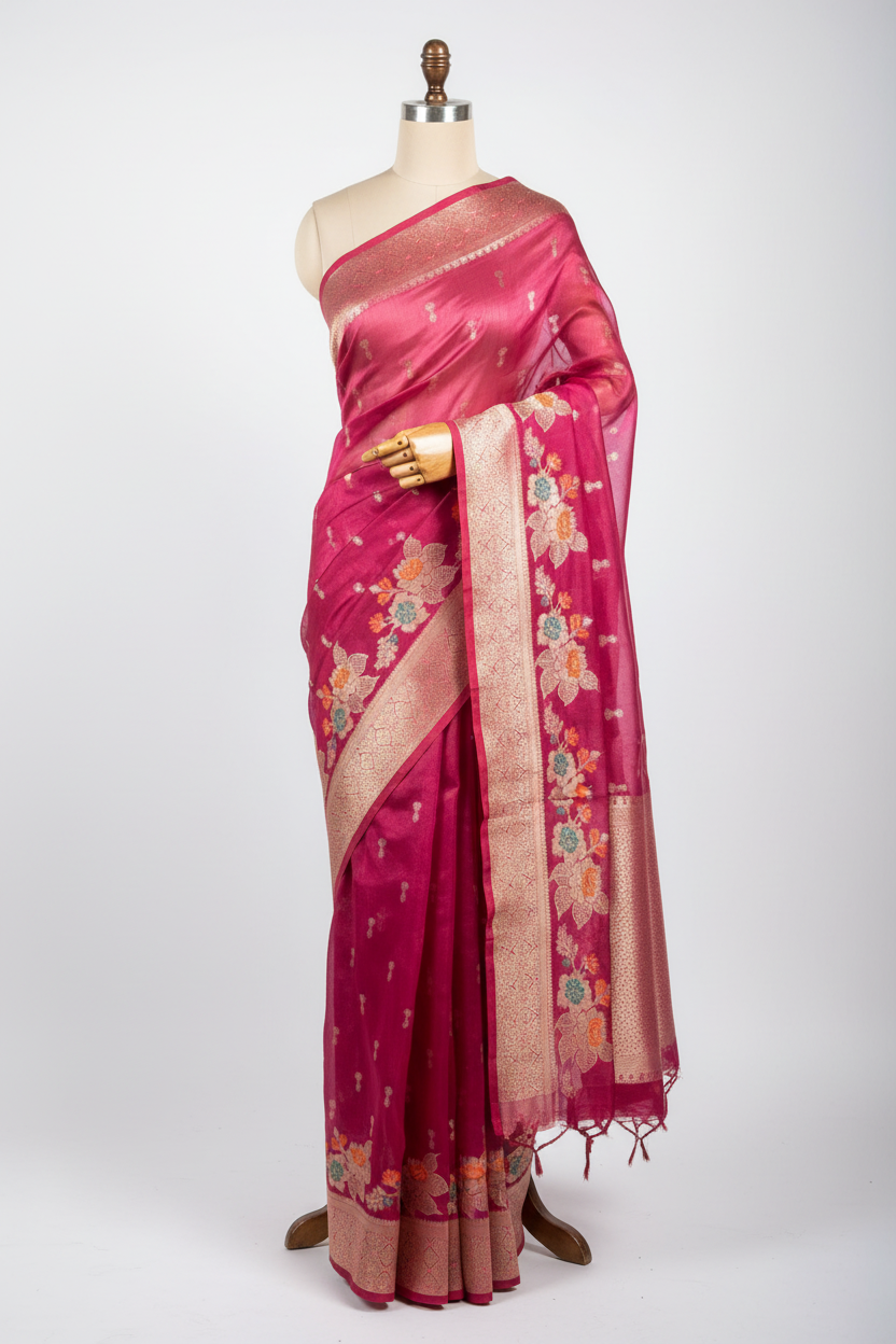 Metallic Rani Soft Tissue Silk Meenakari Banarasi Saree