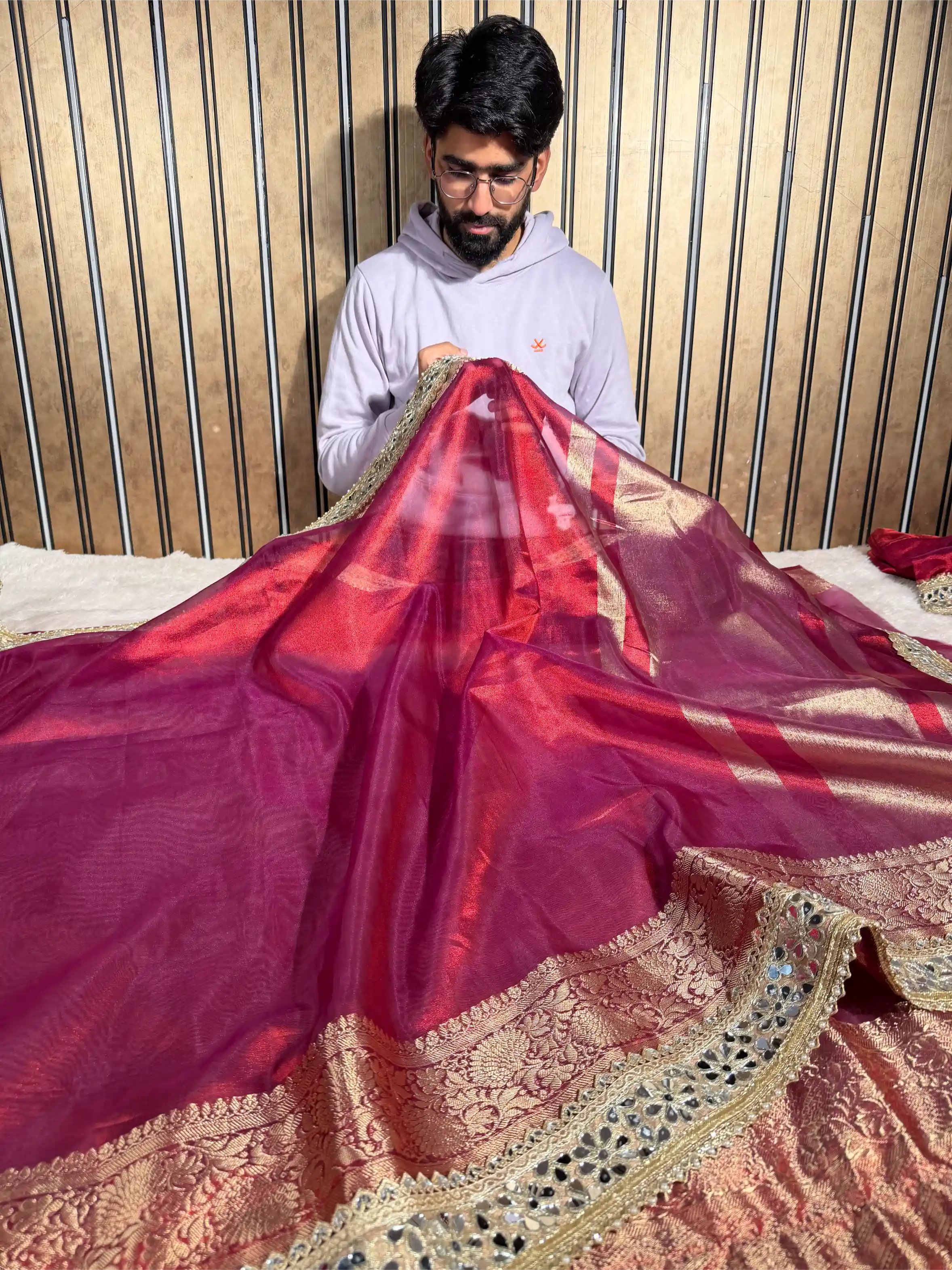 Metallic Red Bridal Tissue Silk Mirror Work Banarasi Saree