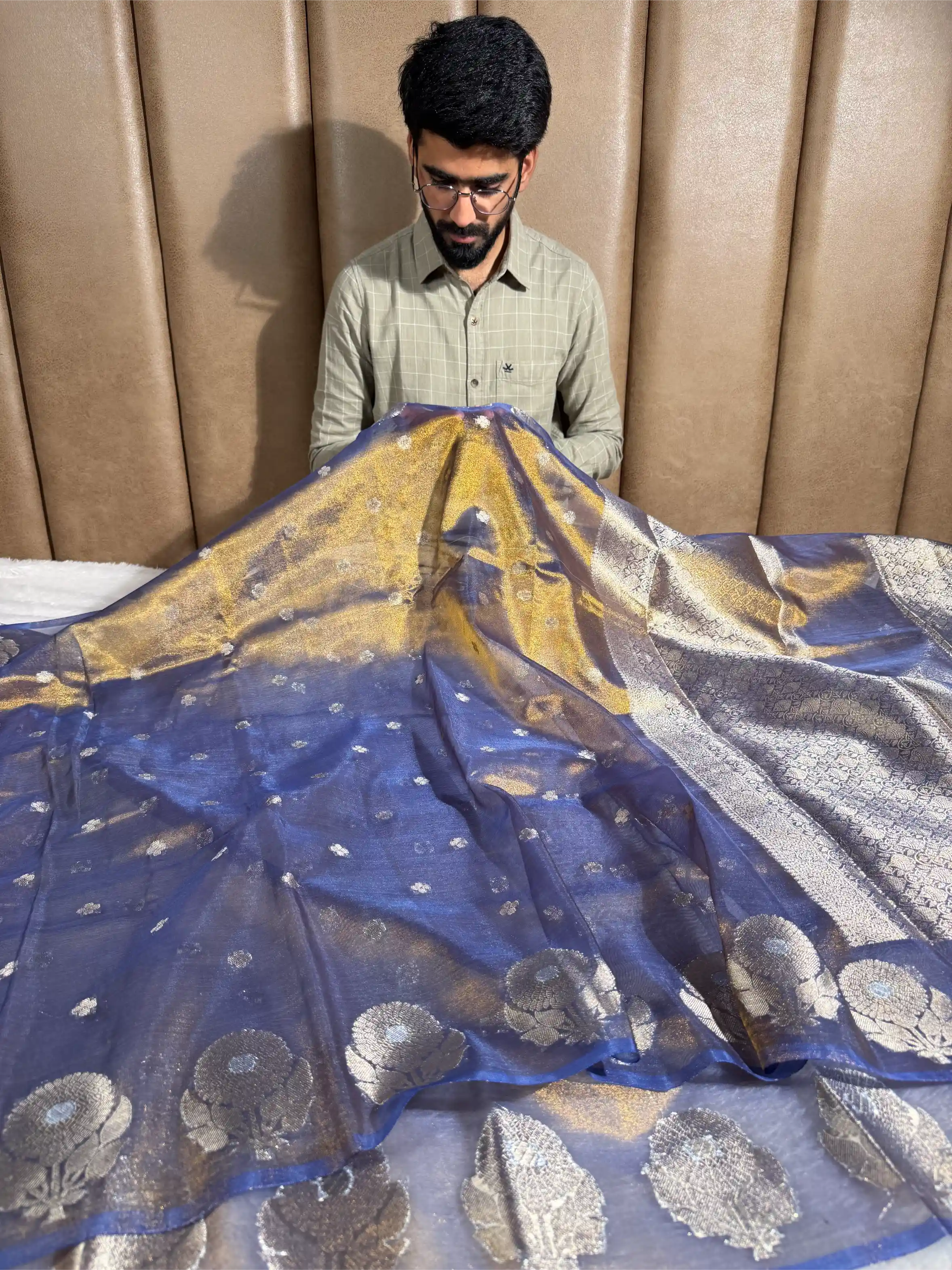 Metallic Royal Blue Eccentric Soft Tissue Silk Banarasi Saree
