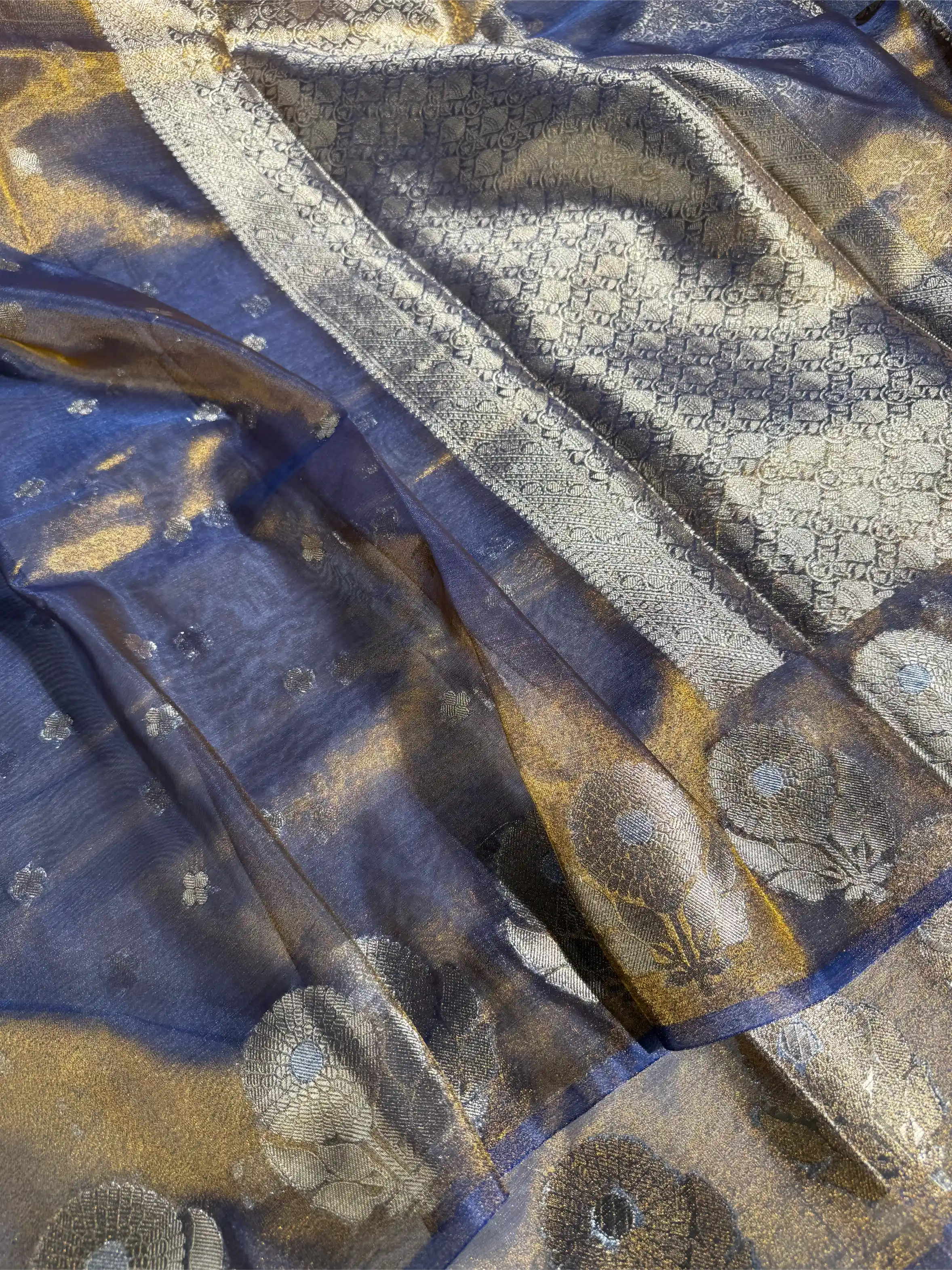 Metallic Royal Blue Eccentric Soft Tissue Silk Banarasi Saree