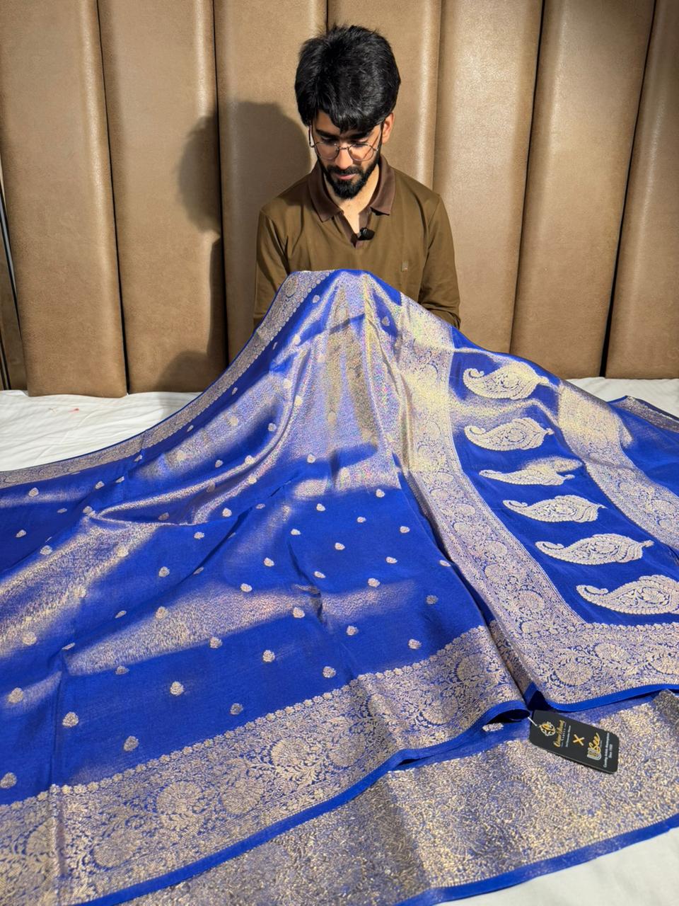 Metallic Royal blue breathable Katan tissue saree