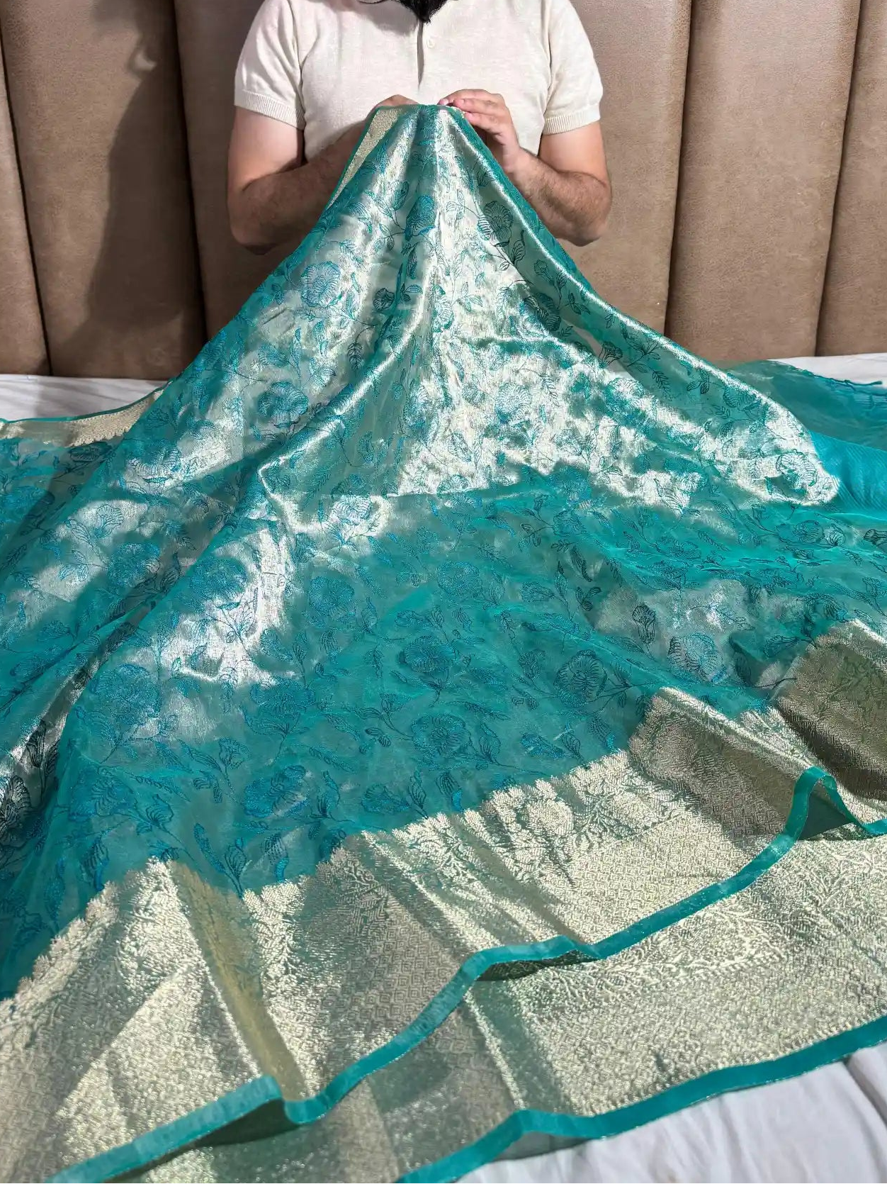Metallic Sea Green Banarasi Tissue Chikankari Saree with Rich Pallu & Blouse 