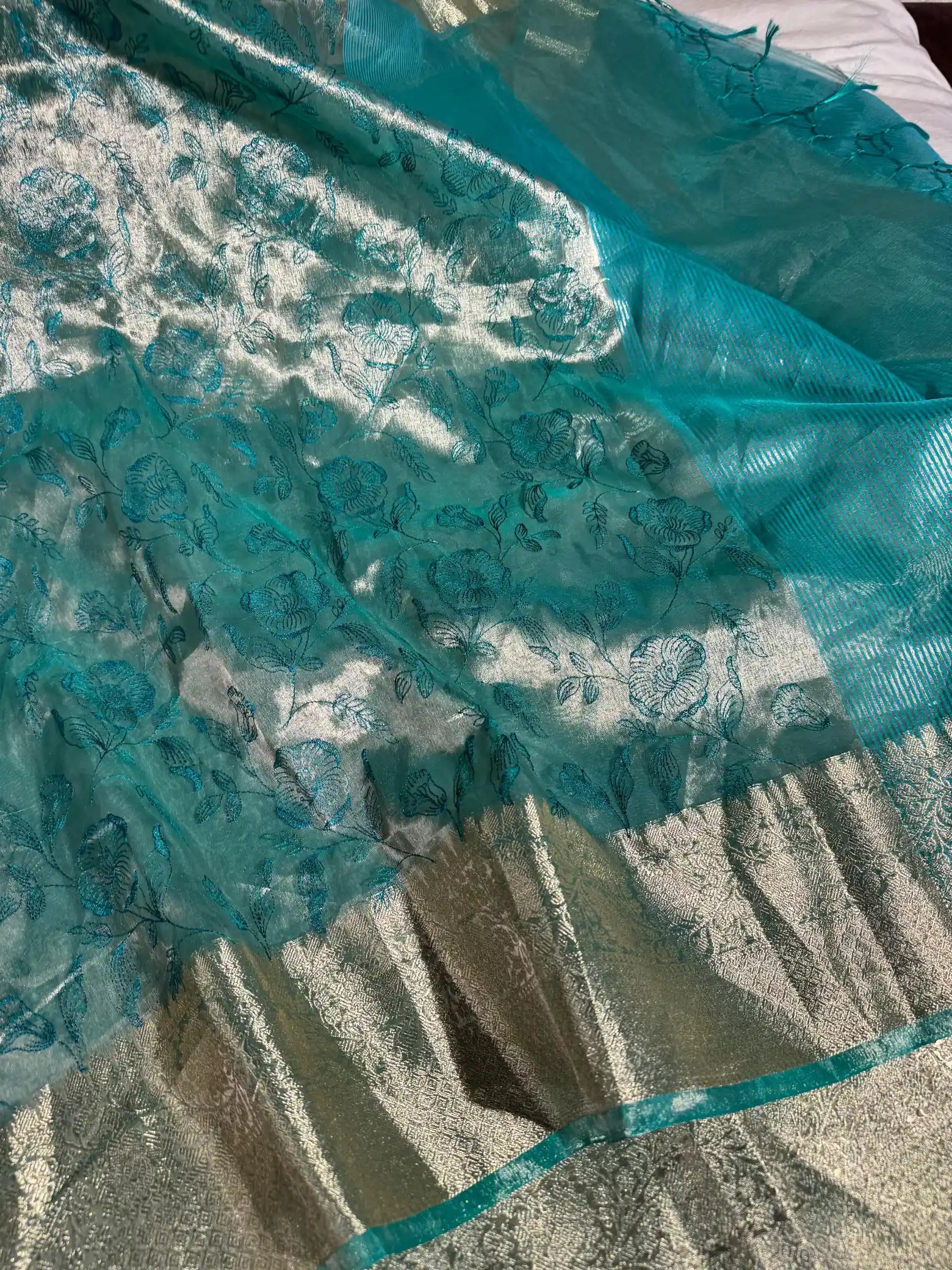 Metallic Sea Green Banarasi Tissue Chikankari Saree with Rich Pallu & Blouse 