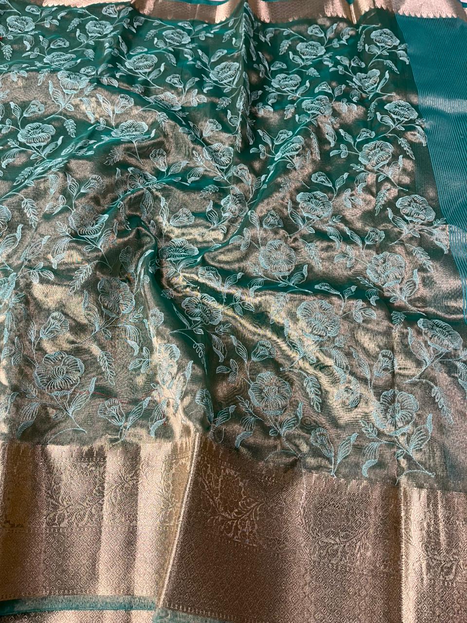 Metallic Sea Green Banarasi Tissue Silk Chikankari Banarasi Saree