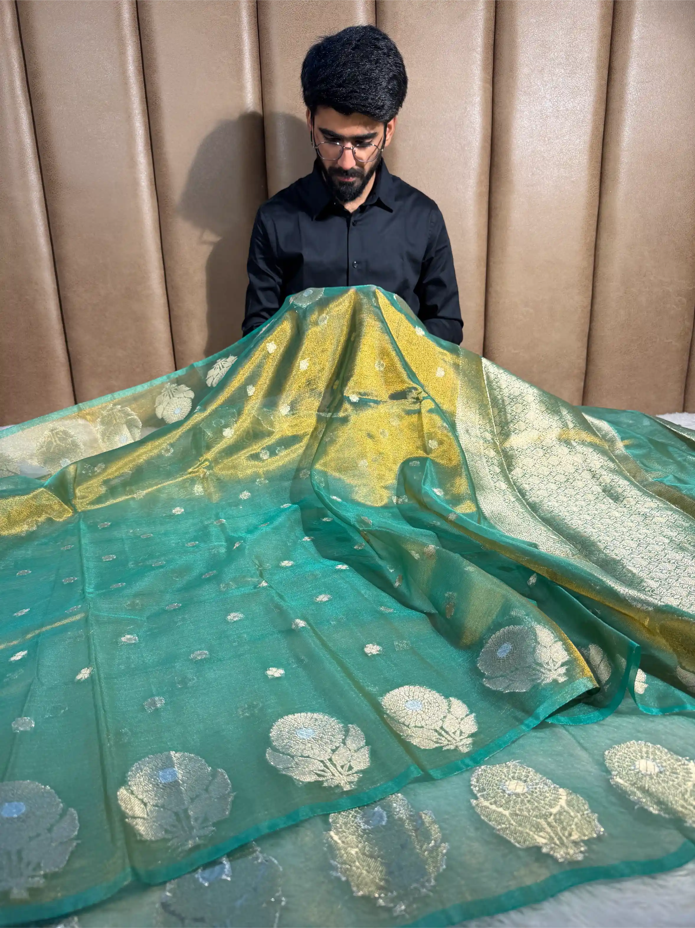 Metallic Sea Green Kora Tissue Silk Dhoop Chaun Weave Contemporary Banarasi Saree