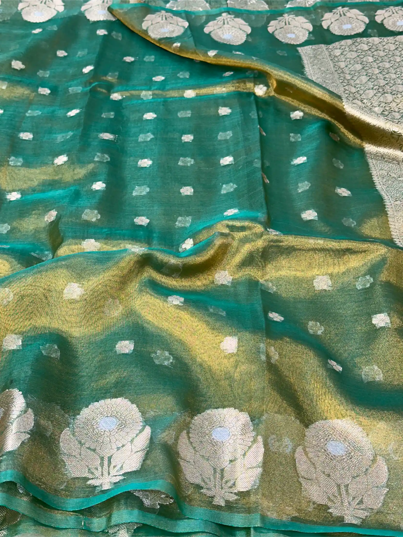 Metallic Sea Green Kora Tissue Silk Dhoop Chaun Weave Contemporary Banarasi Saree
