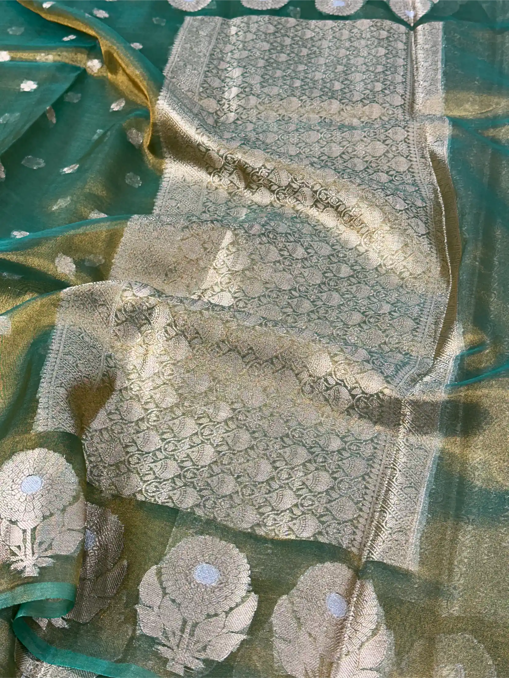 Metallic Sea Green Kora Tissue Silk Dhoop Chaun Weave Contemporary Banarasi Saree