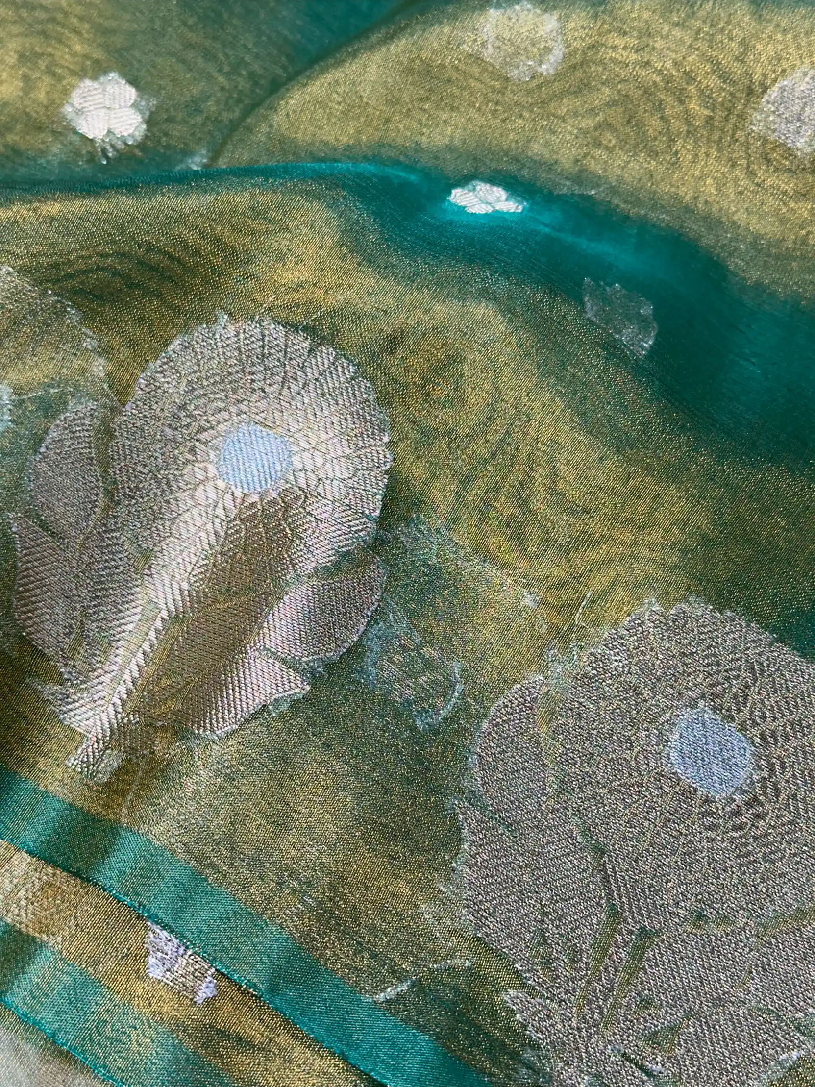 Metallic Sea Green Kora Tissue Silk Dhoop Chaun Weave Contemporary Banarasi Saree