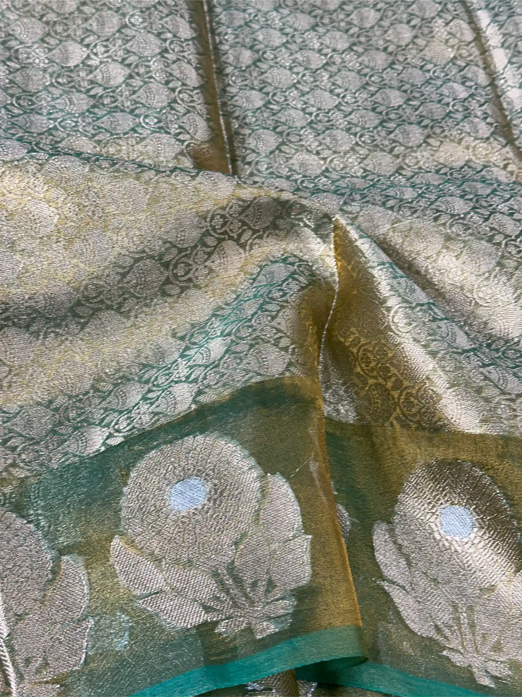 Metallic Sea Green Kora Tissue Silk Dhoop Chaun Weave Contemporary Banarasi Saree