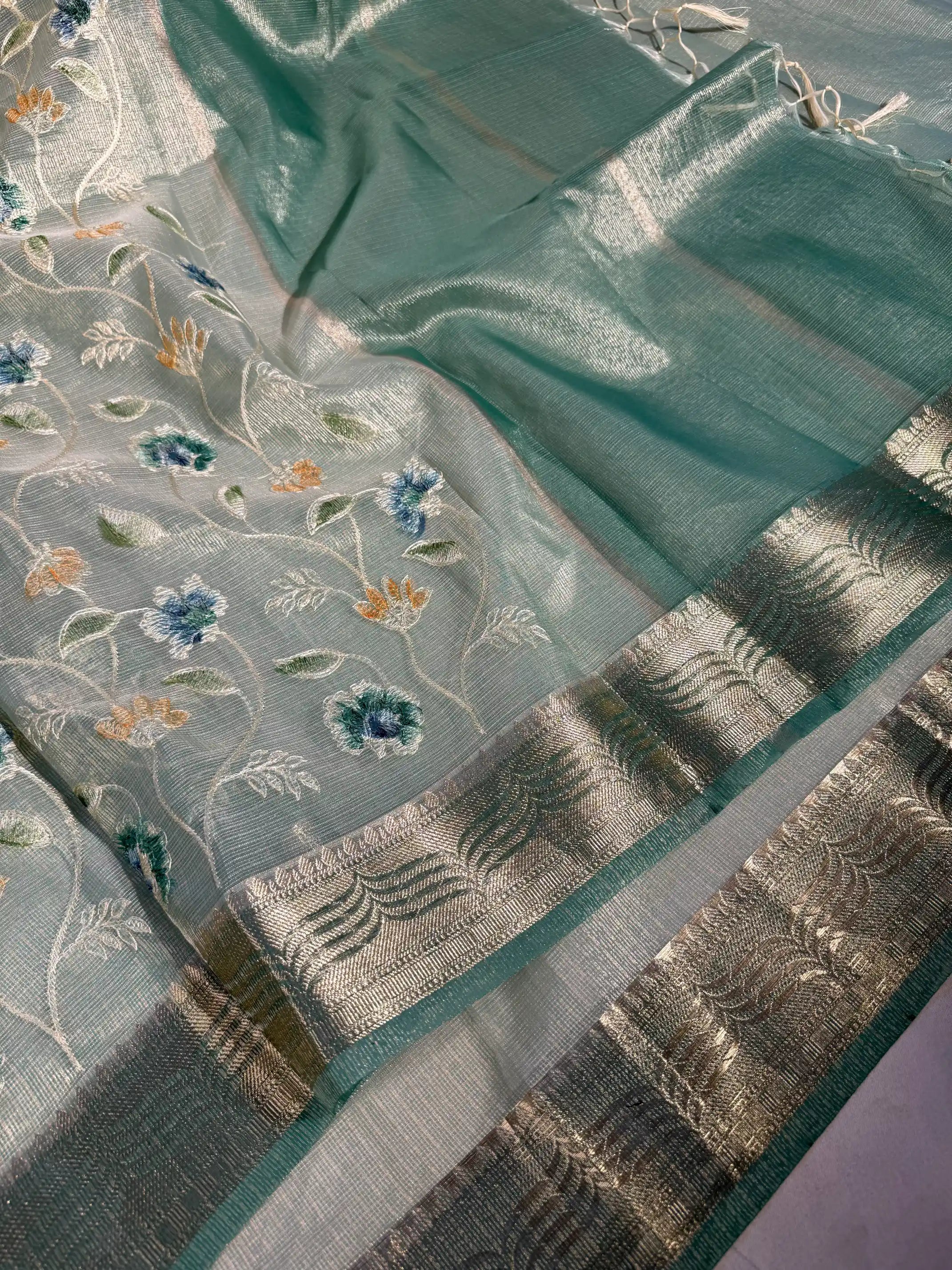 Metallic Sea Green Kota Tissue Silk Floral Embroidered Saree