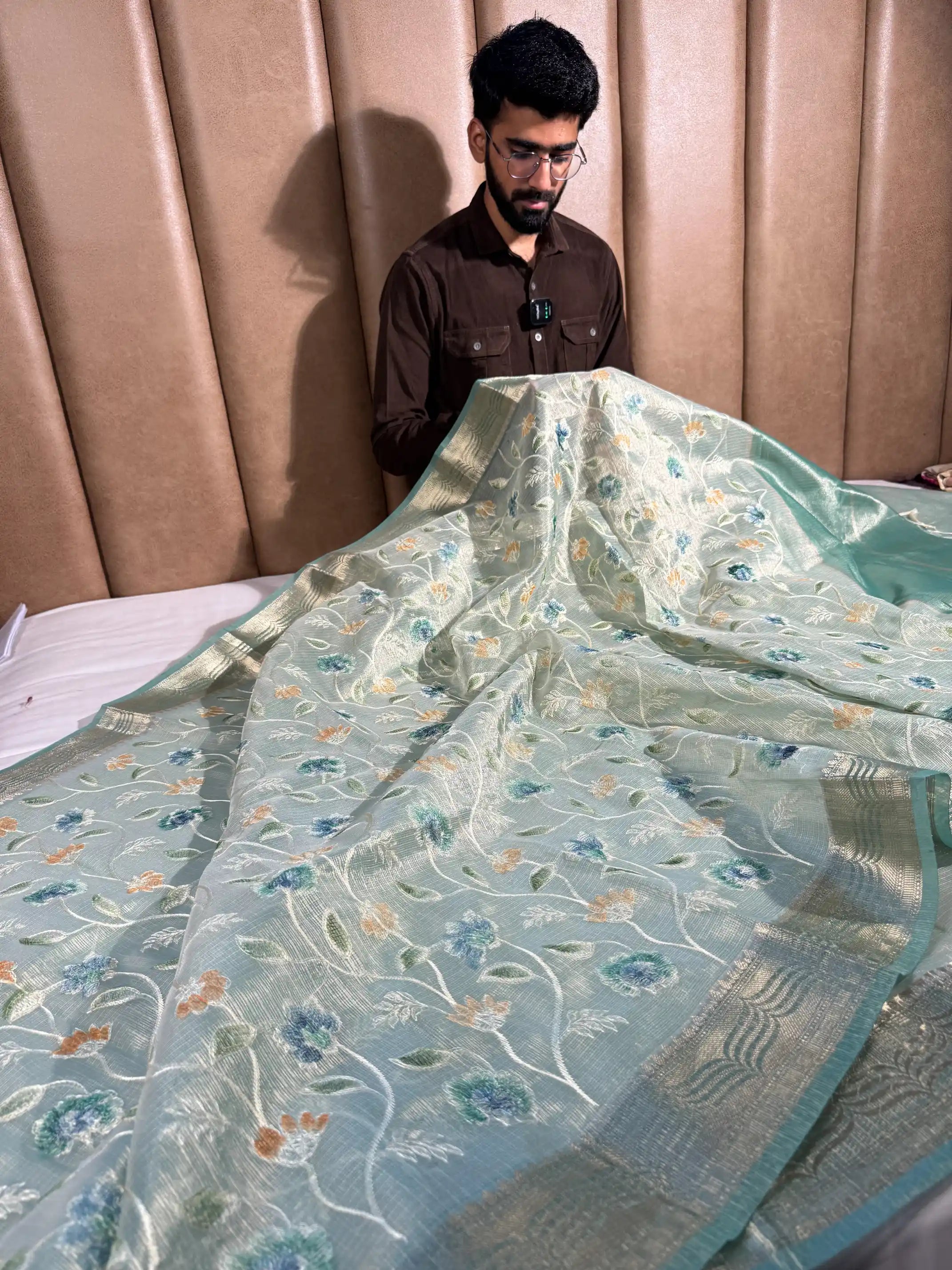 Metallic Sea Green Kota Tissue Silk Floral Embroidered Saree