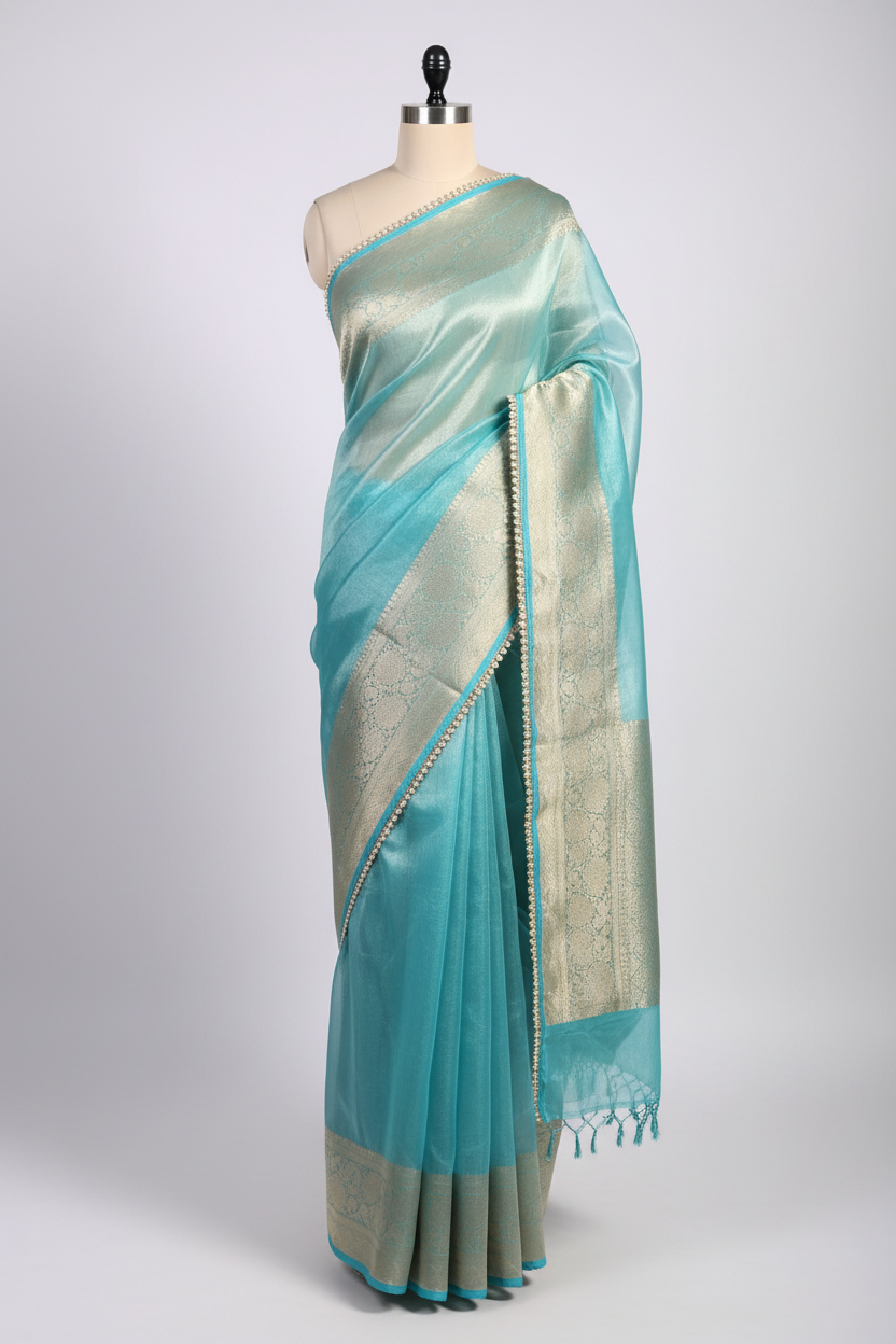 Metallic Sea Green Tissue Silk Lace Work Banarasi Saree