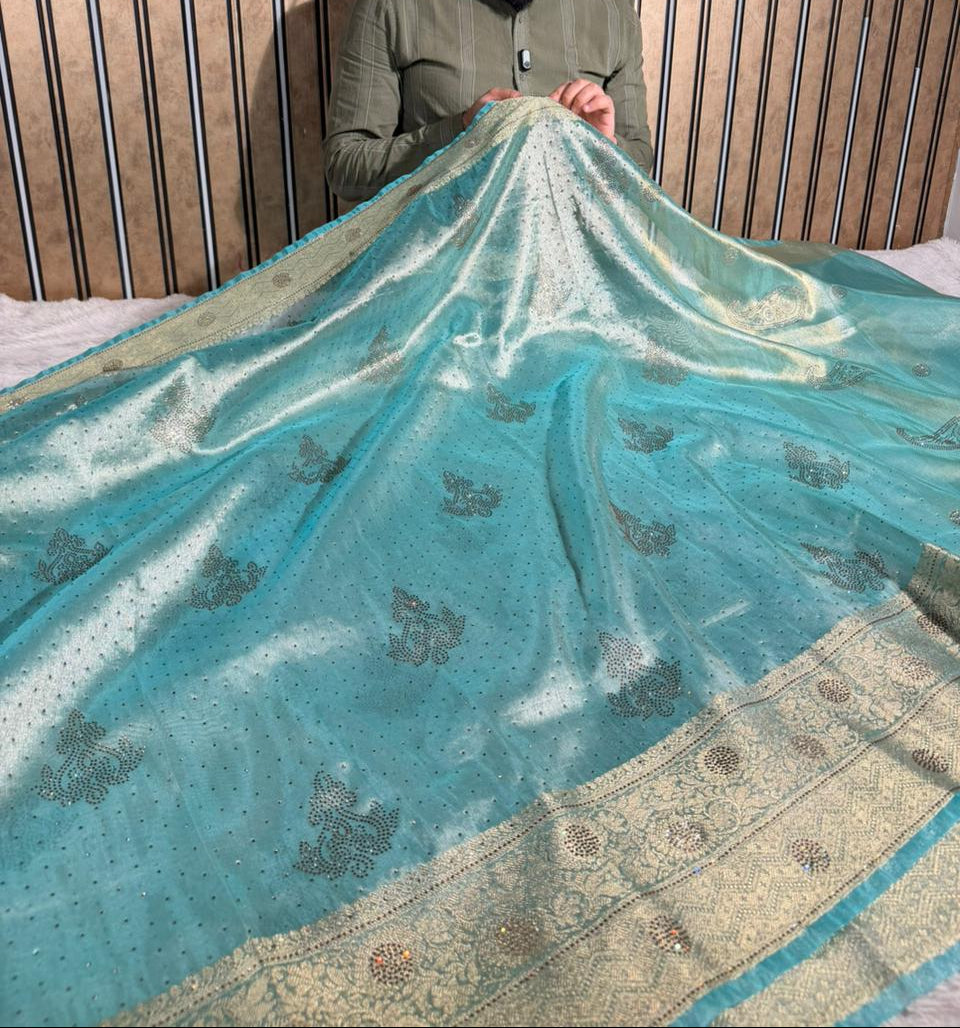 Metallic Sea Green Tissue Silk Swarovski Work Saree