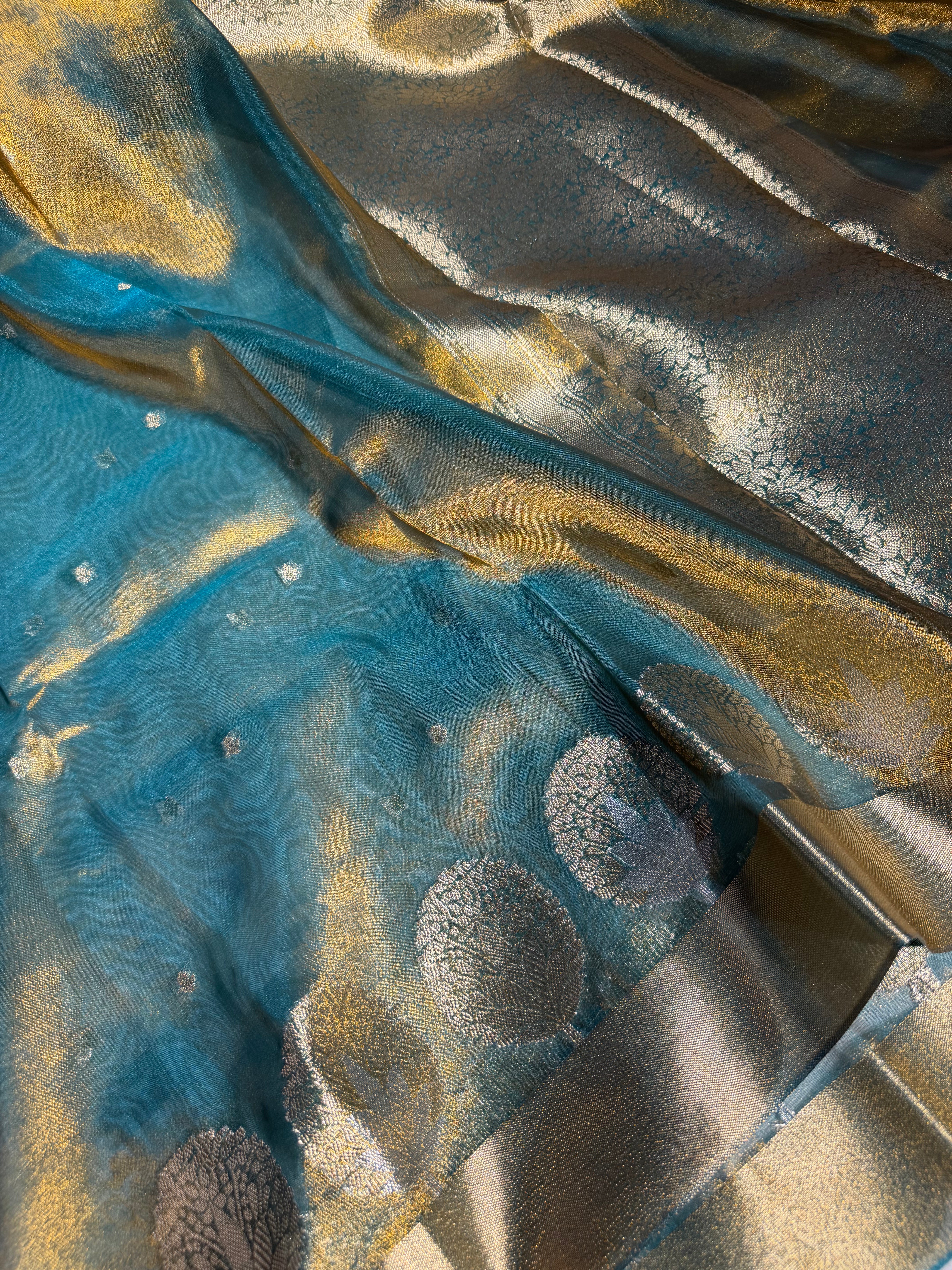 Metallic Sky Blue Gold Tissue Silk Heritage Weave Banarasi Saree