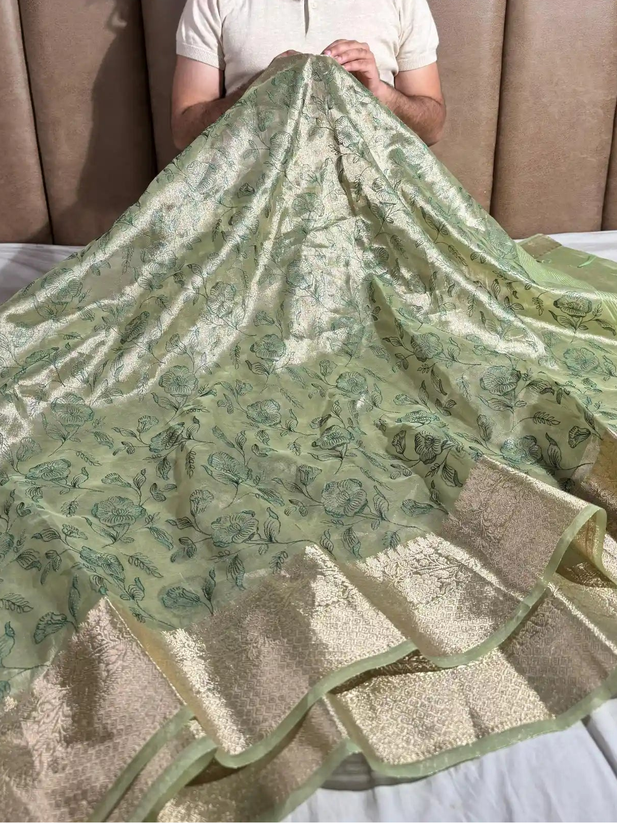 Metallic Teal Green Banarasi Tissue Chikankari Saree with Rich Pallu & Blouse