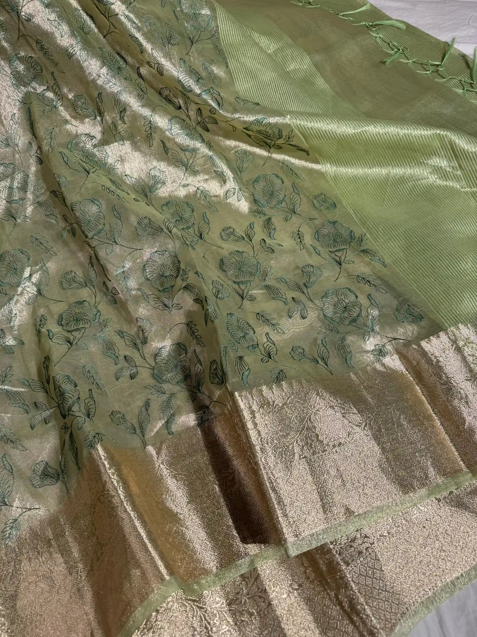 Metallic Teal Green Banarasi Tissue Chikankari Saree with Rich Pallu & Blouse