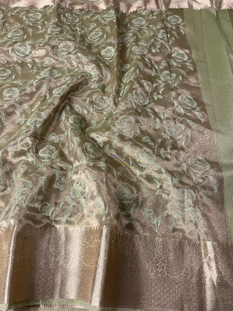 Metallic Teal Green Banarasi Tissue Silk Chikankari Banarasi Saree