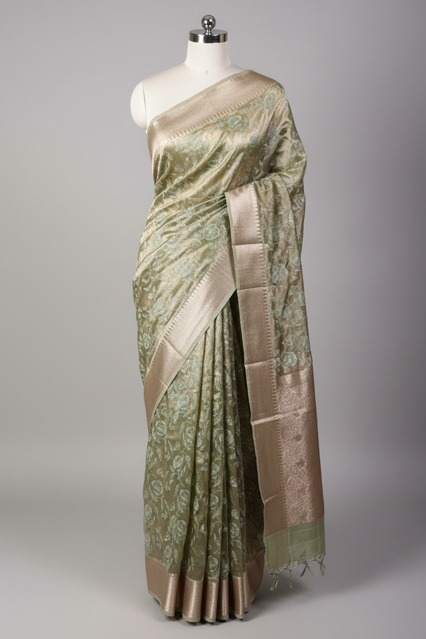 Metallic Teal Green Banarasi Tissue Silk Chikankari Banarasi Saree