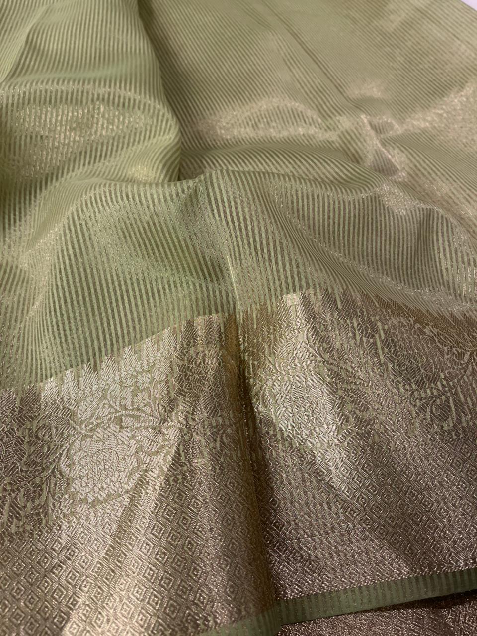 Metallic Teal Green Banarasi Tissue Silk Chikankari Banarasi Saree