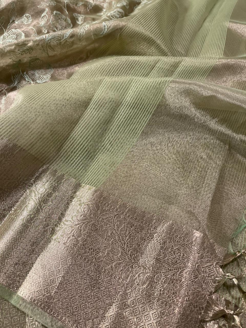 Metallic Teal Green Banarasi Tissue Silk Chikankari Banarasi Saree