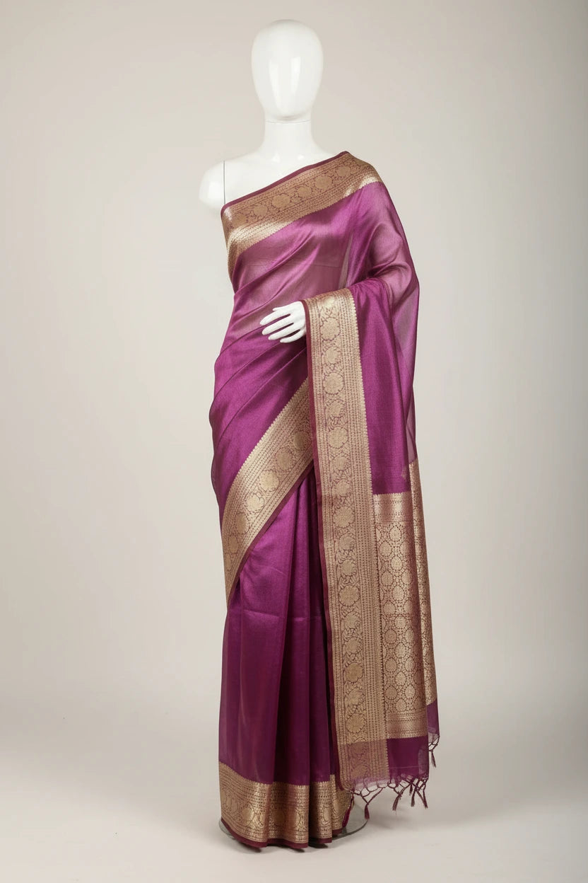 Metallic Violet 100% Pure Tissue Silk Traditional Jacquard Weave Banarasi Saree