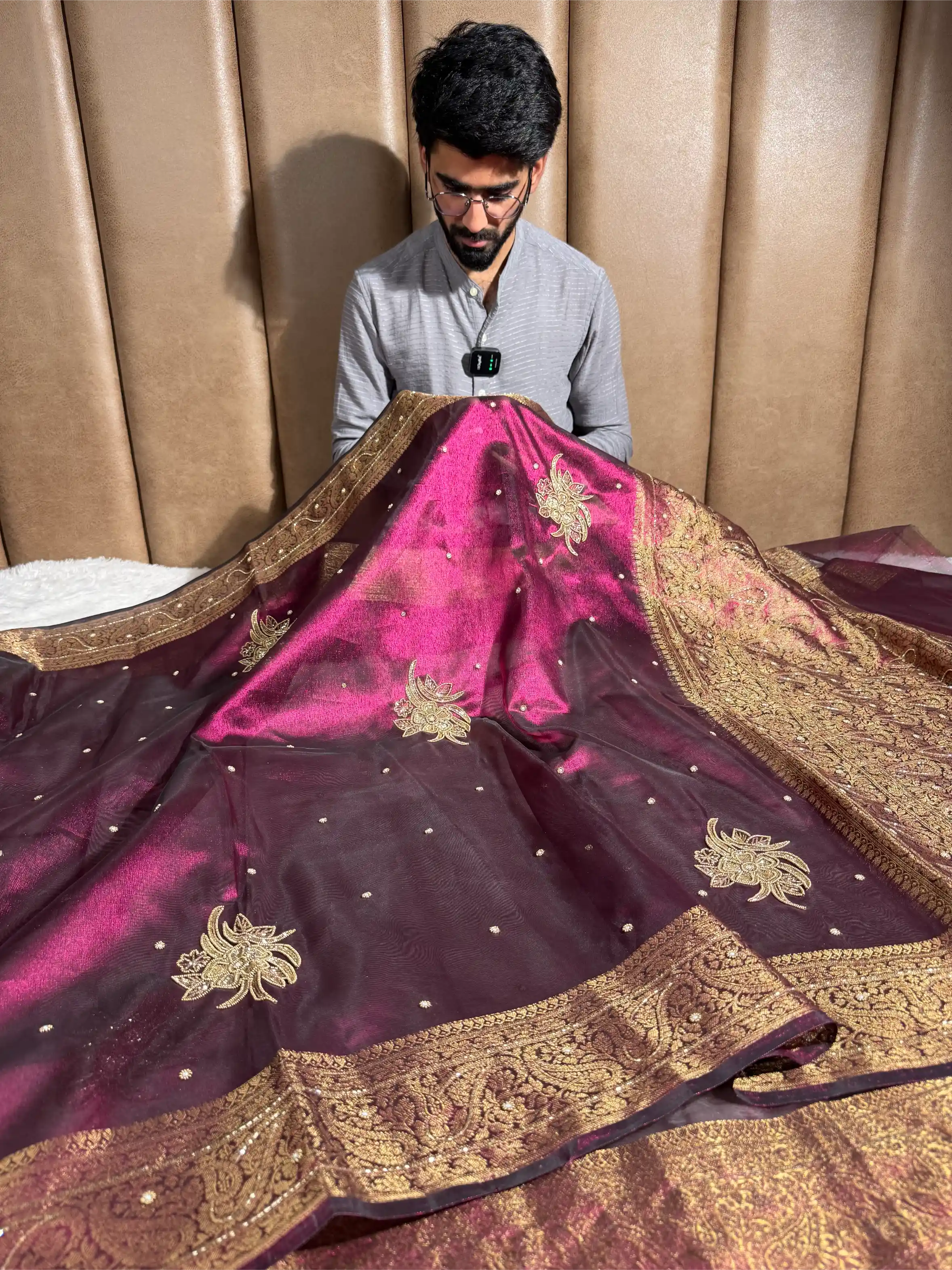 Metallic Violet Kora Tissue Handwork Banarasi Saree