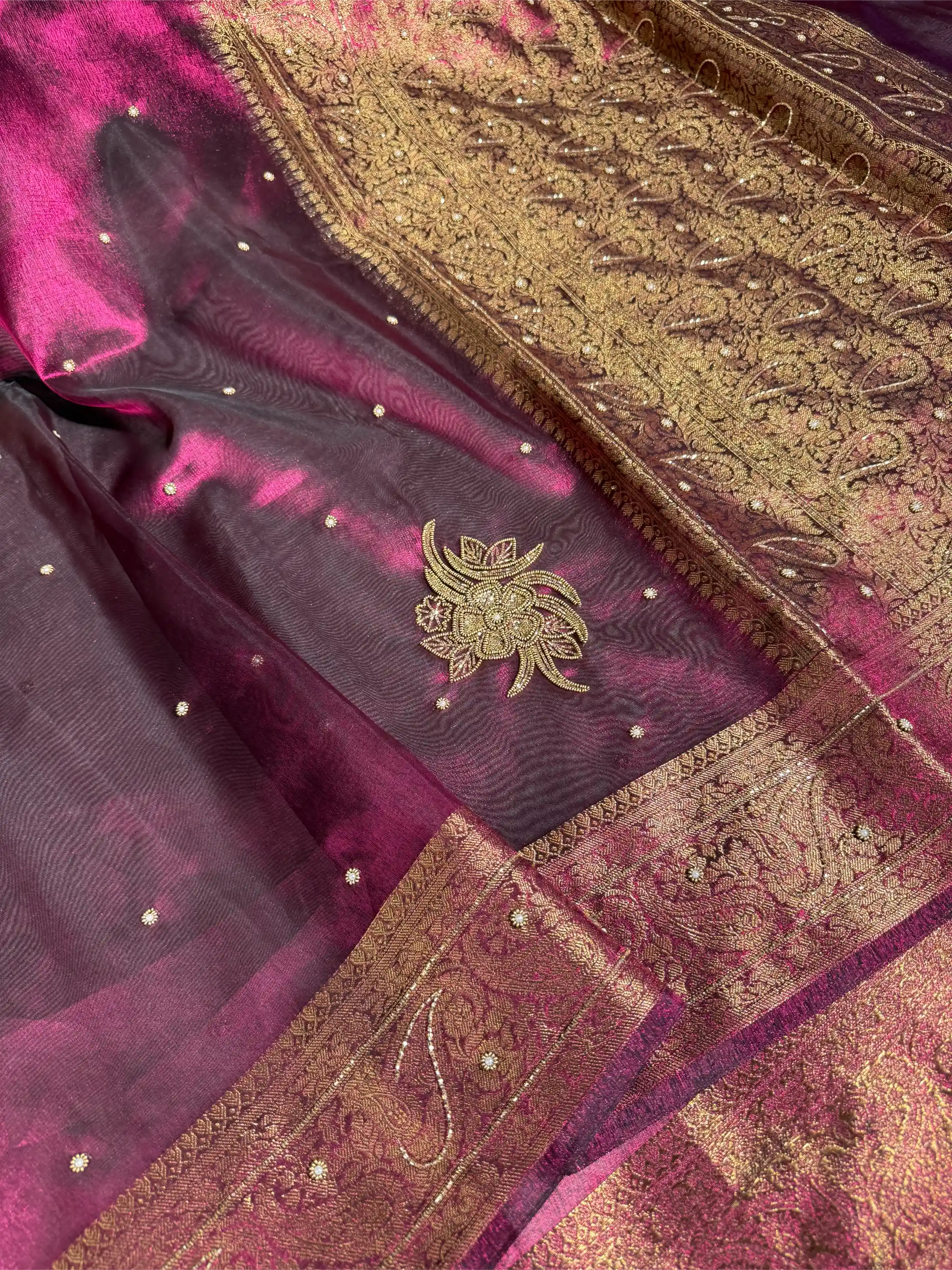 Metallic Violet Kora Tissue Handwork Banarasi Saree