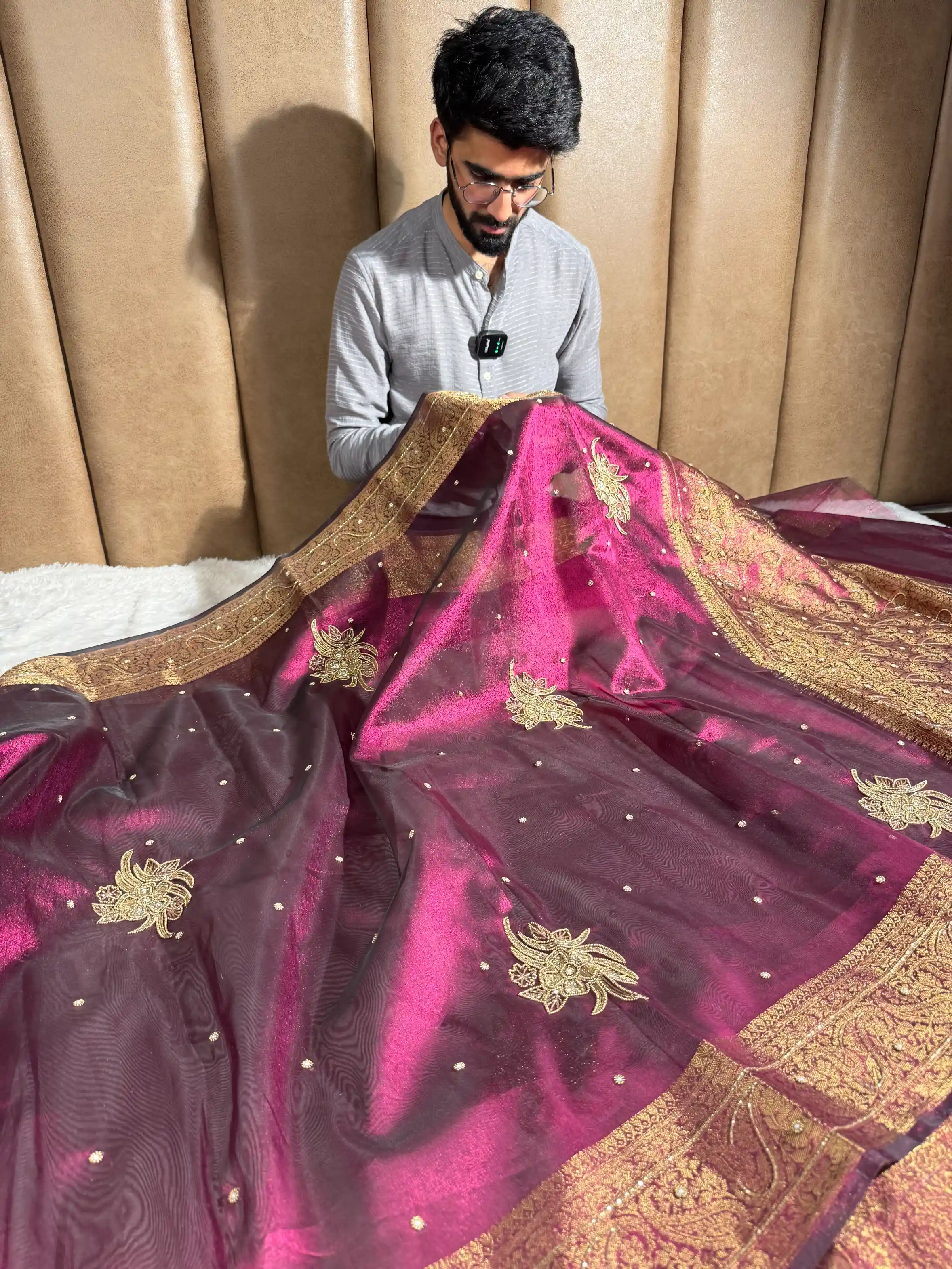 Metallic Violet Kora Tissue Handwork Banarasi Saree