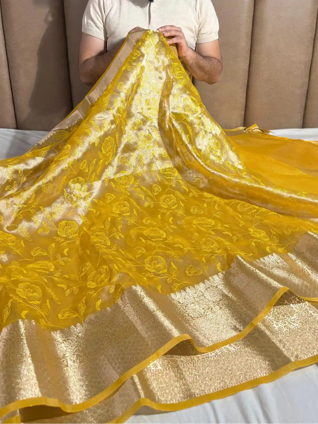 Metallic Yellow Banarasi Tissue Chikankari Saree with Rich Pallu & Blouse