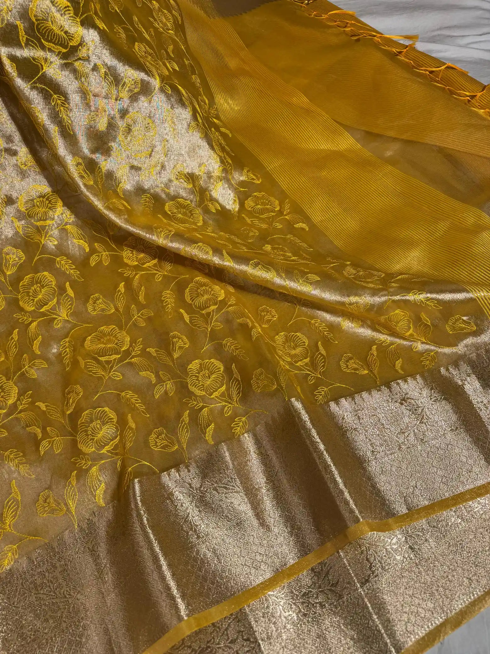 Metallic Yellow Banarasi Tissue Chikankari Saree with Rich Pallu & Blouse