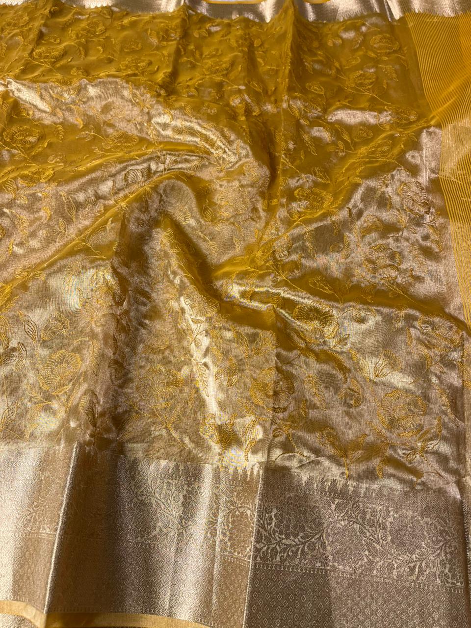 Metallic Yellow Banarasi Tissue Silk Chikankari Banarasi Saree