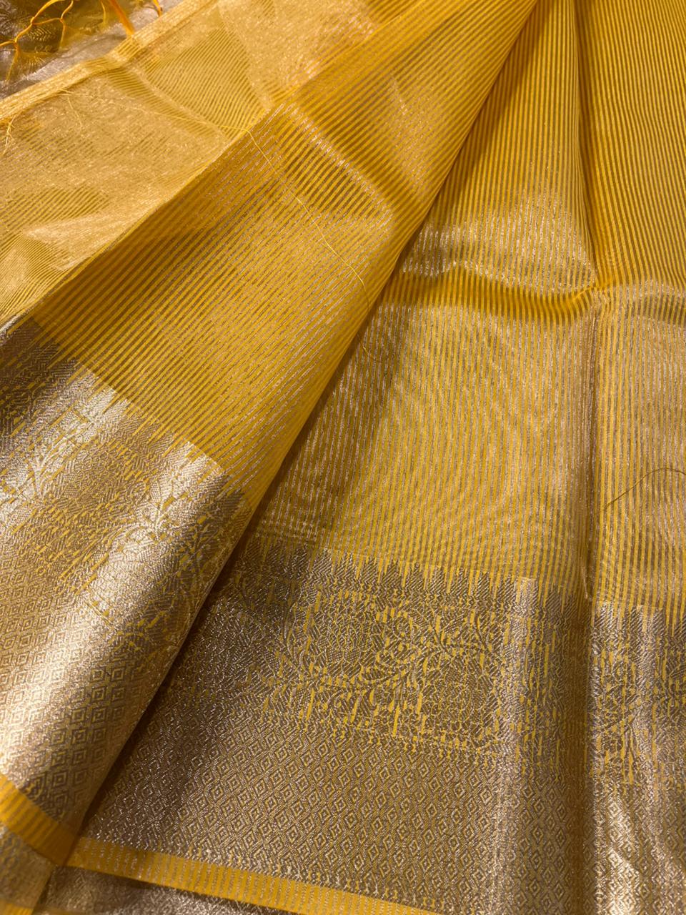 Metallic Yellow Banarasi Tissue Silk Chikankari Banarasi Saree