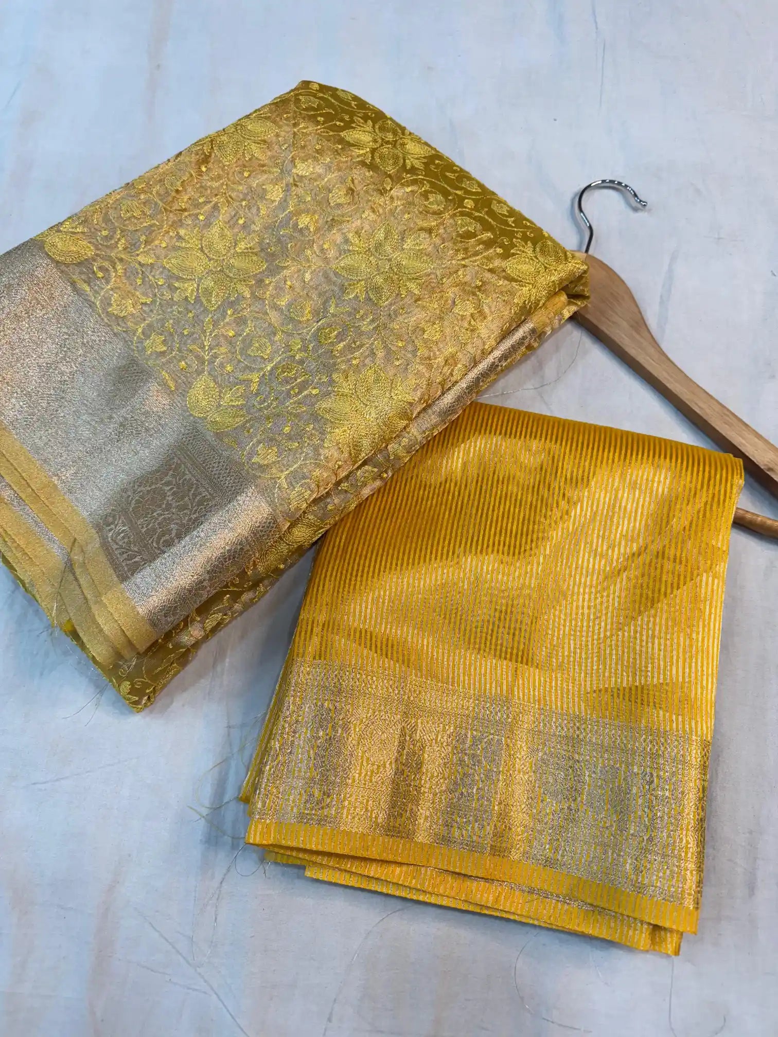 Metallic Yellow Banarasi Tissue Silk Chikankari Work Saree
