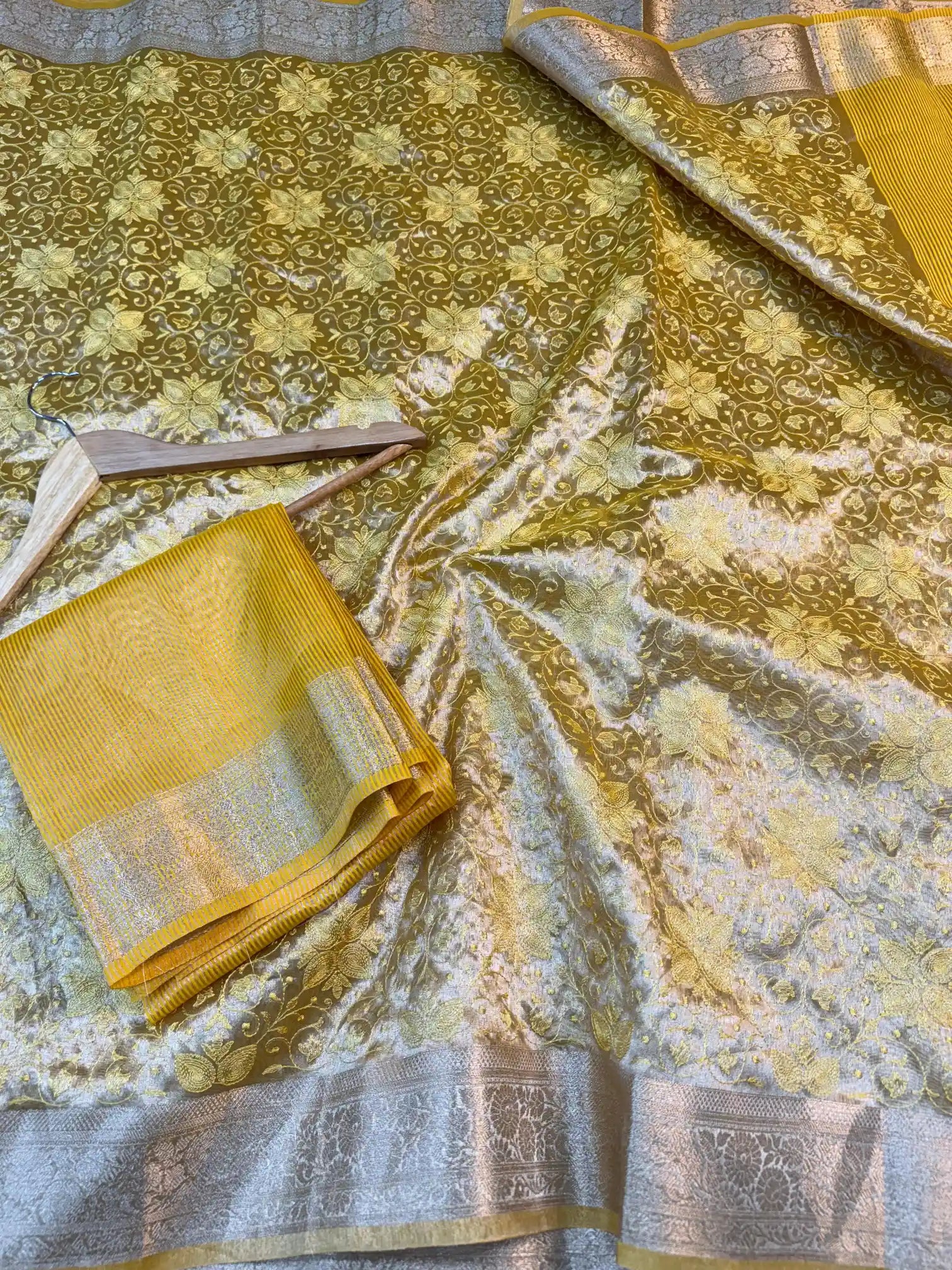 Metallic Yellow Banarasi Tissue Silk Chikankari Work Saree